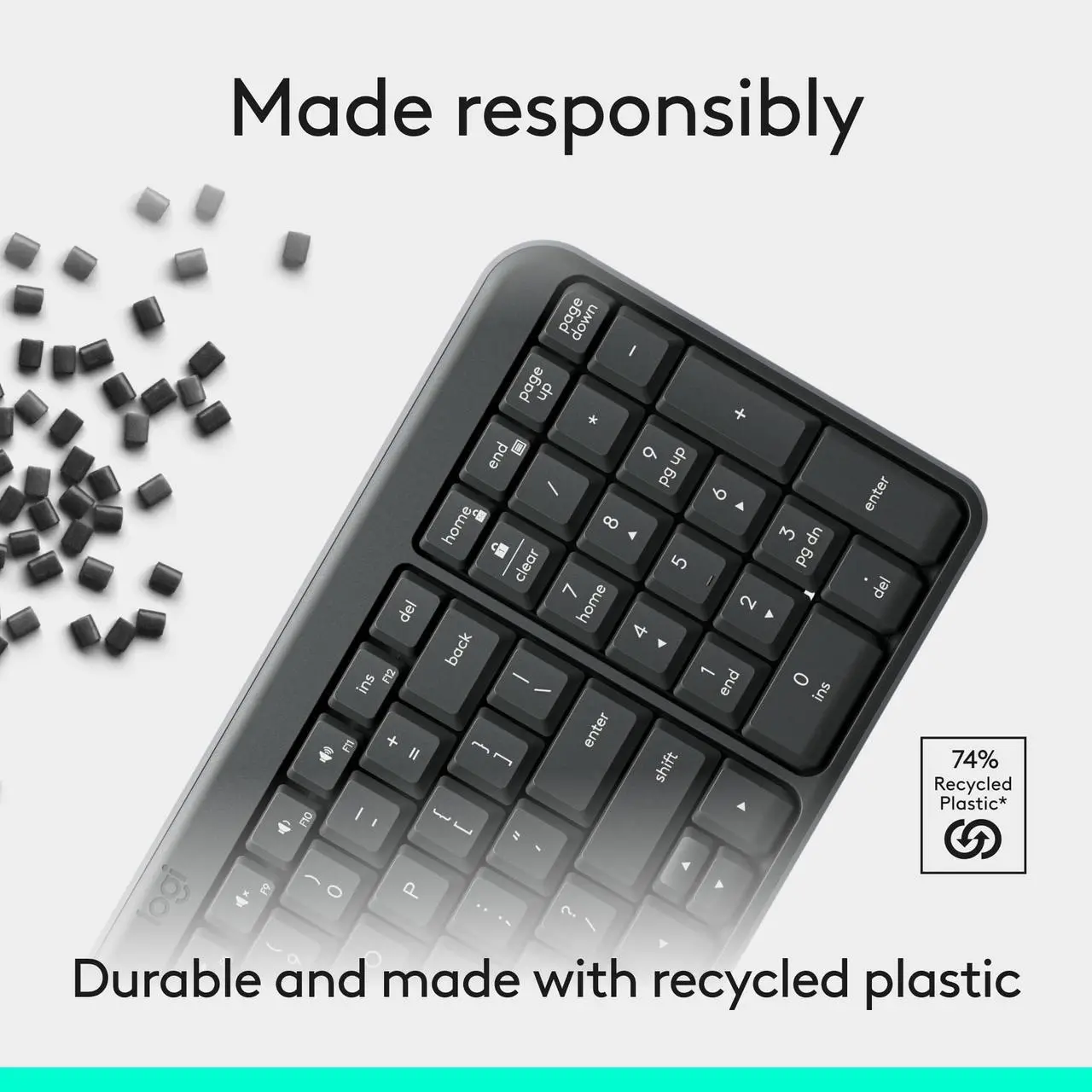 Alt view image 6 of 14 - Logitech K250 Bluetooth Keyboard with Numpad Easy Connectivity Compact Wireless Keyboard made with Recycled Plastic Spill-Resistant comfortable Keys Graphite 920013442