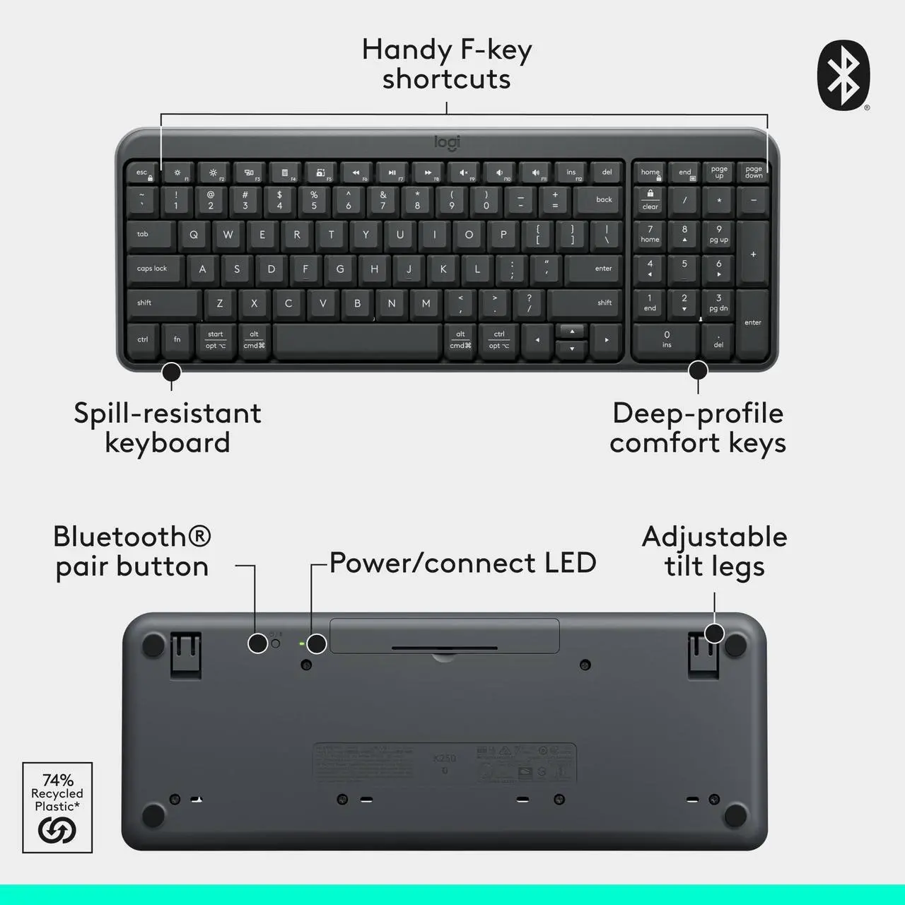 Alt view image 7 of 14 - Logitech K250 Bluetooth Keyboard with Numpad Easy Connectivity Compact Wireless Keyboard made with Recycled Plastic Spill-Resistant comfortable Keys Graphite 920013442