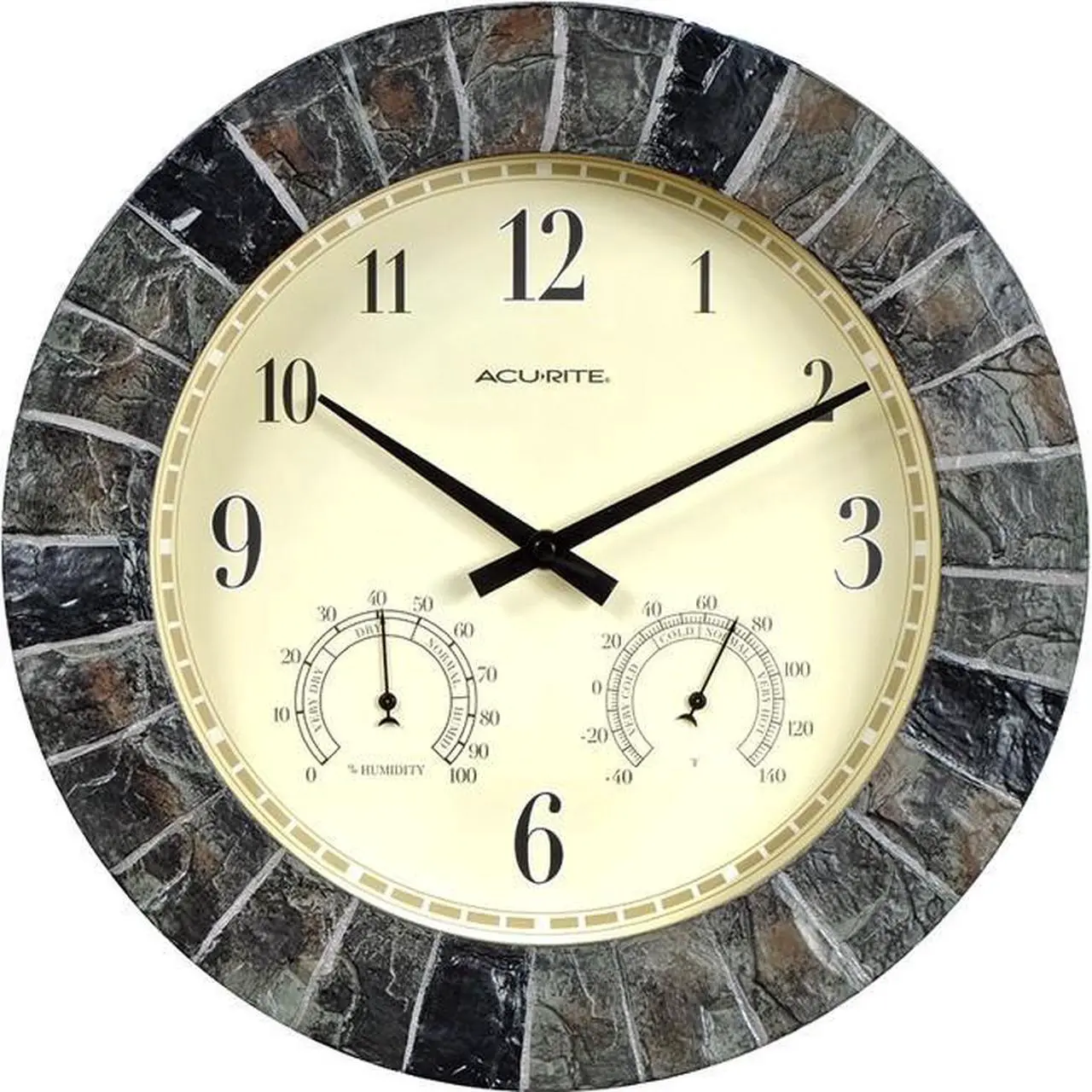 Main image of AcuRite 02418 14-Inch Faux-Slate Indoor/Outdoor Wall Clock with Thermometer, Hygrometer 02418 ACU-RITE