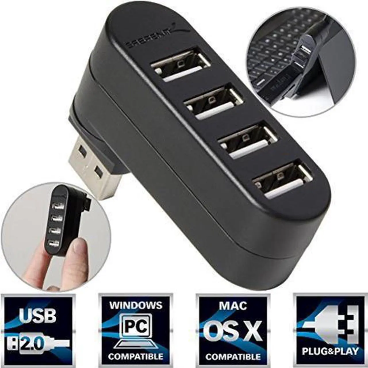 Alt view image 8 of 20 - Sabrent 4-Port USB 2.0 Hub [90°/180° Degree Rotatable] (HB-UMN4)