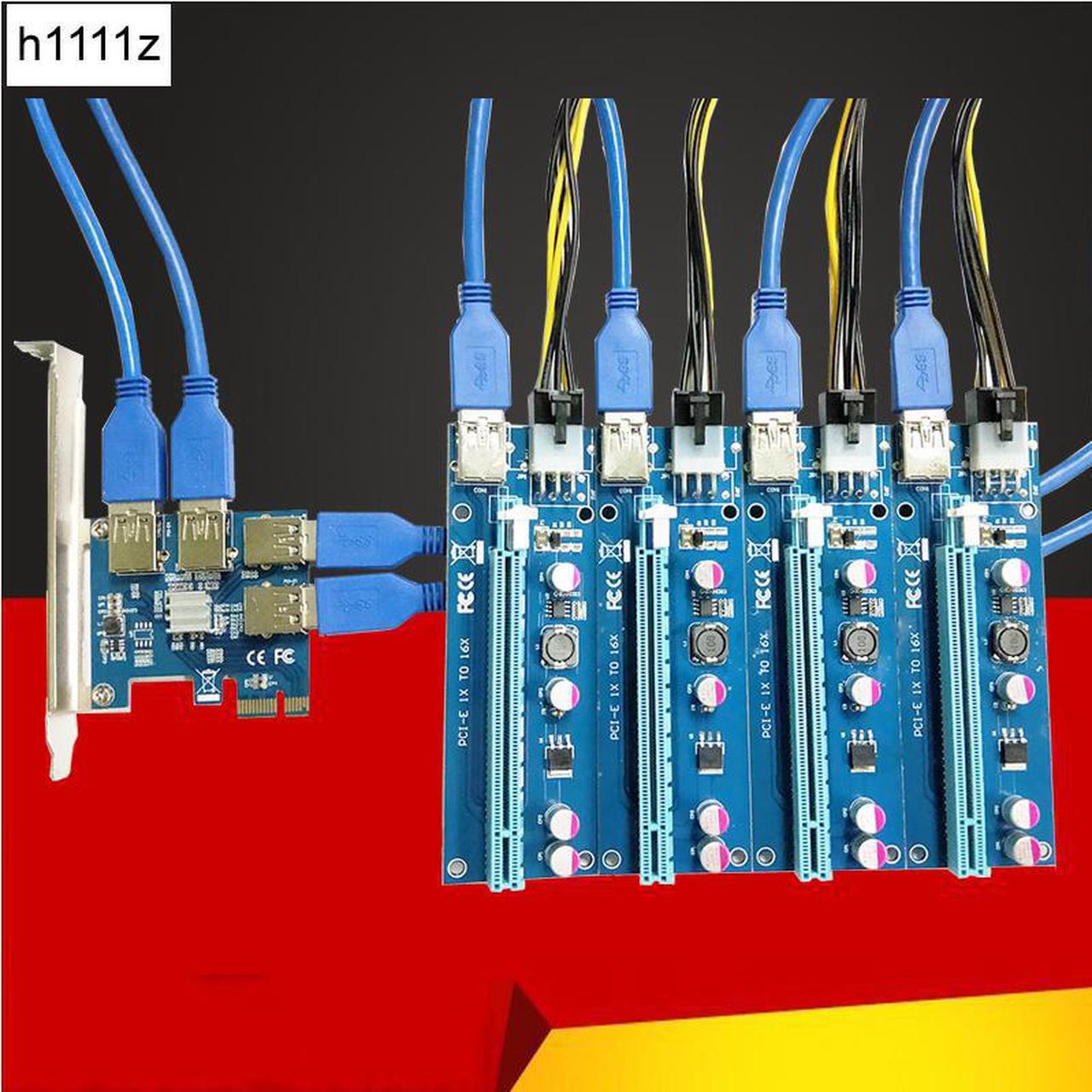 New 1 to 4 PCIe PCI E Riser Card PCI Express 1x to 16x USB 3.0 Data Cable SATA to 6Pin Power Supply for BTC Miner Machine Mining