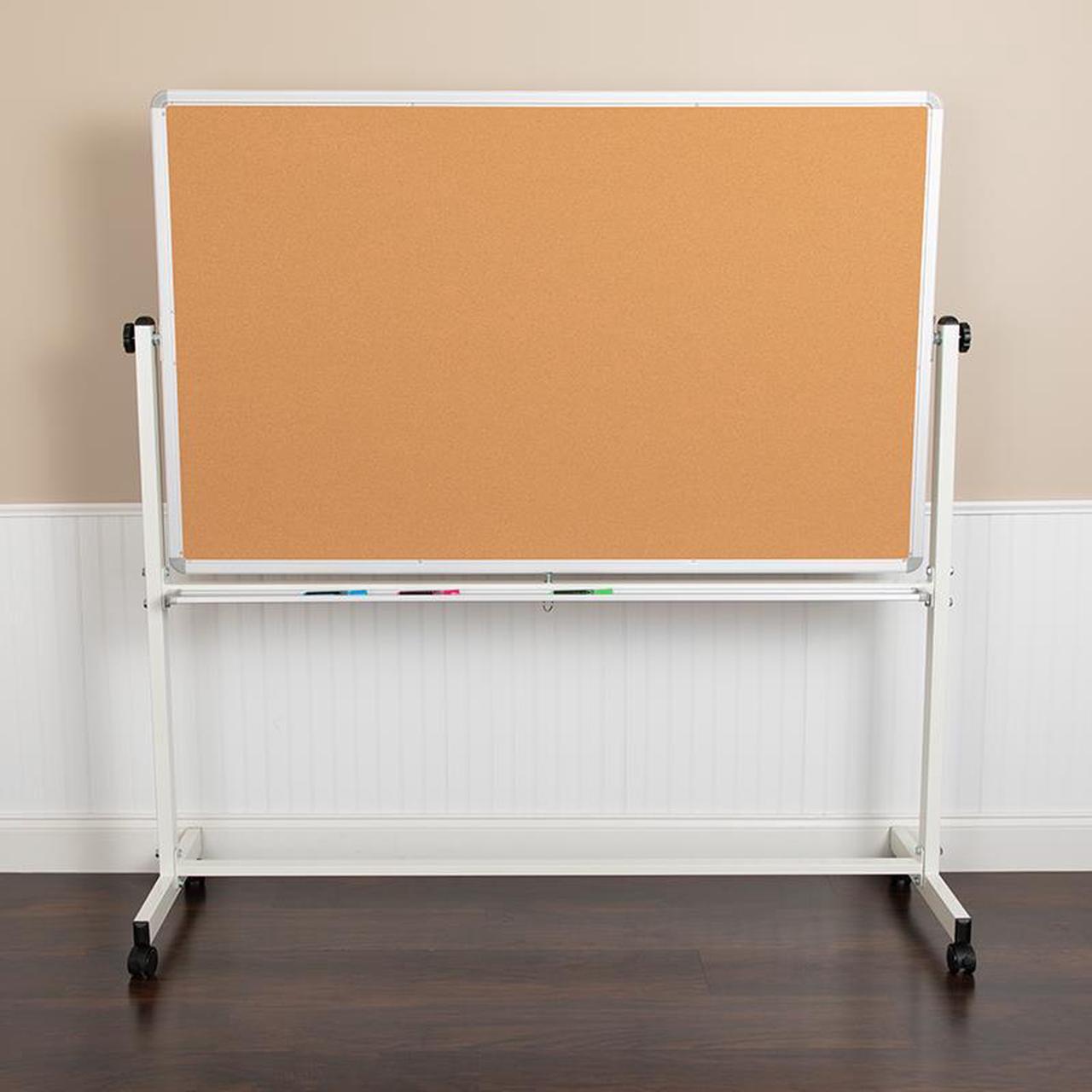 Alt view image 8 of 20 - HERCULES Series 64.25"W x 64.75"H Reversible Mobile Cork Bulletin Board and White Board with Pen Tray