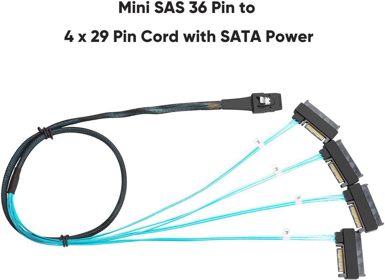 Alt view image 4 of 4 - Mini SAS Cable with SATA Power,   Internal Mini SAS 36 Pin to 4 x 29 Pin Cord with SATA Power, SFF-8087 to SFF-8482 Cable, 3 FT/1m