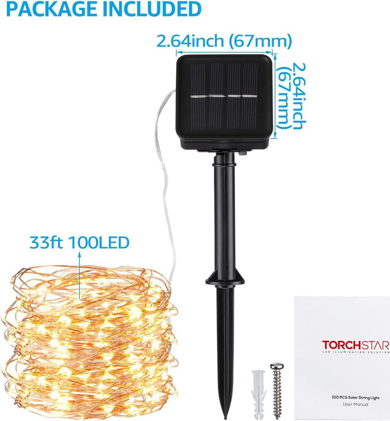 Alt view image 7 of 7 - Solar String Lights, 33ft100 LED Warm White Outdoor Copper Wire Light, 8 Modes IP65 Waterproof Fairy Lights, 600mAh Solar Powered Lights for Patio, Garden, Gate, Yard, Party, Wedding