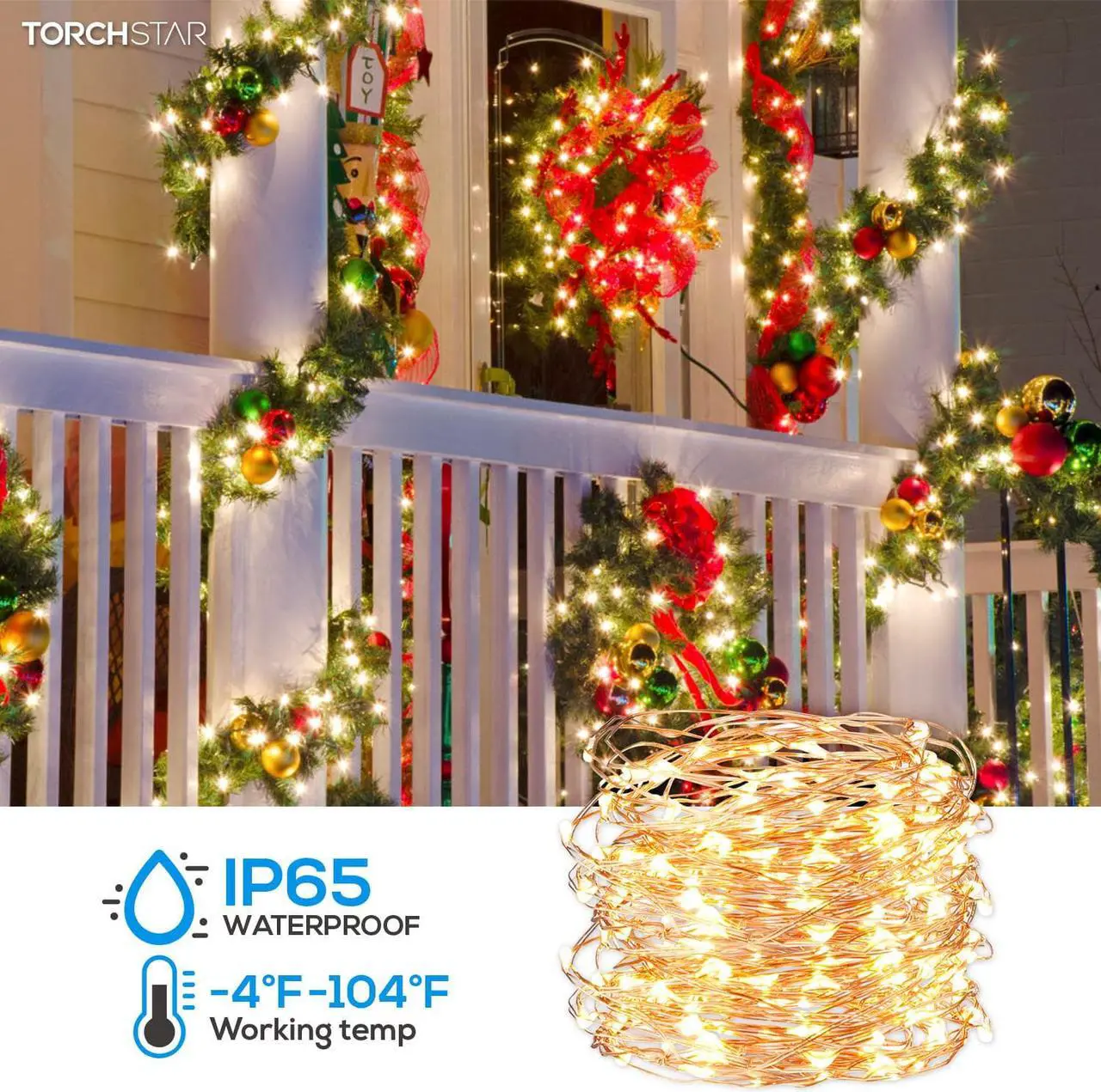 Alt view image 2 of 7 - Solar String Lights, 33ft100 LED Warm White Outdoor Copper Wire Light, 8 Modes IP65 Waterproof Fairy Lights, 600mAh Solar Powered Lights for Patio, Garden, Gate, Yard, Party, Wedding