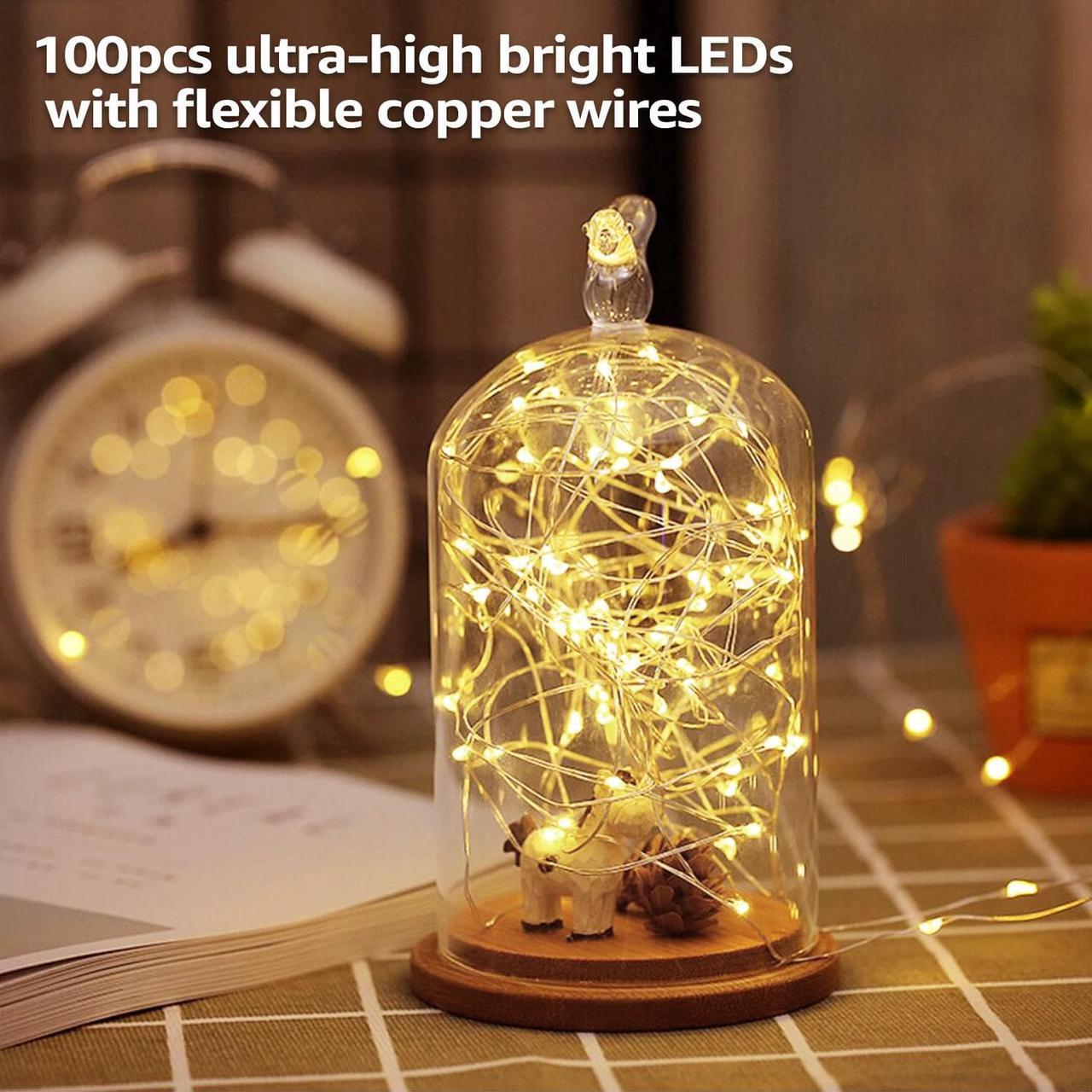 Alt view image 3 of 7 - Solar String Lights, 33ft100 LED Warm White Outdoor Copper Wire Light, 8 Modes IP65 Waterproof Fairy Lights, 600mAh Solar Powered Lights for Patio, Garden, Gate, Yard, Party, Wedding
