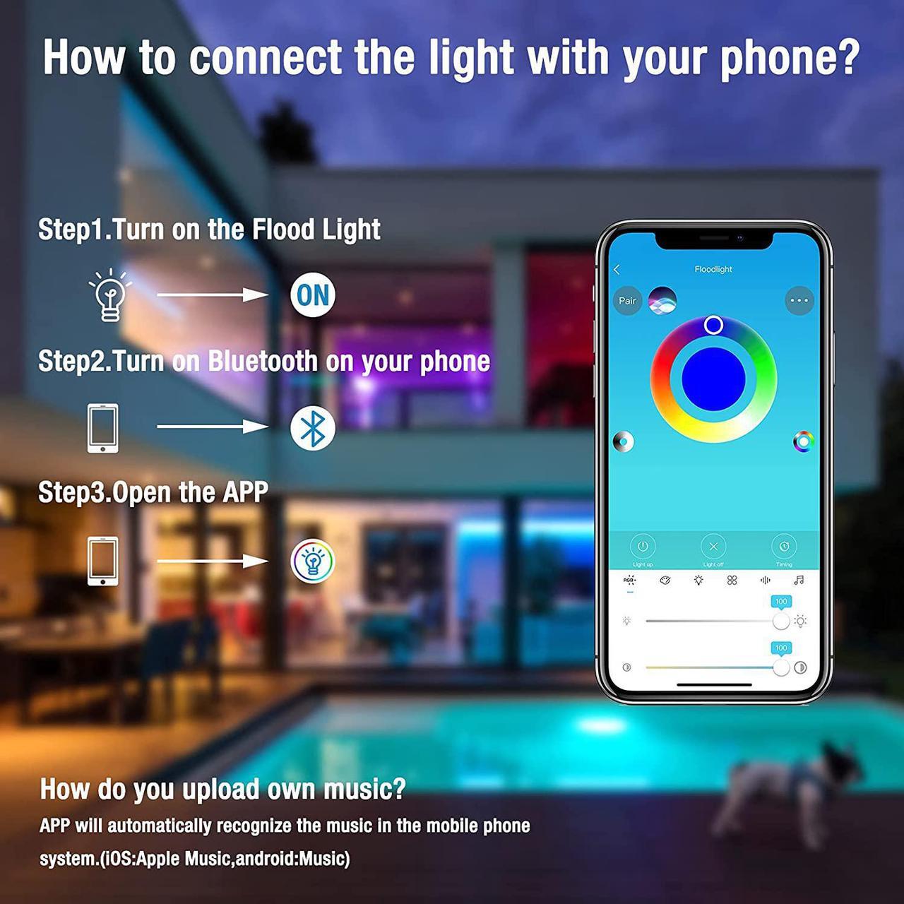 Alt view image 3 of 7 - LED Flood Lights RGB Color Changing Outdoor 200W Equivalent,25W Bluetooth Smart Floodlights RGBW APP Control, IP66 Waterproof,16 Million Colors 20 Modes for Landscape Garden Stage Lighting(2 Pack)