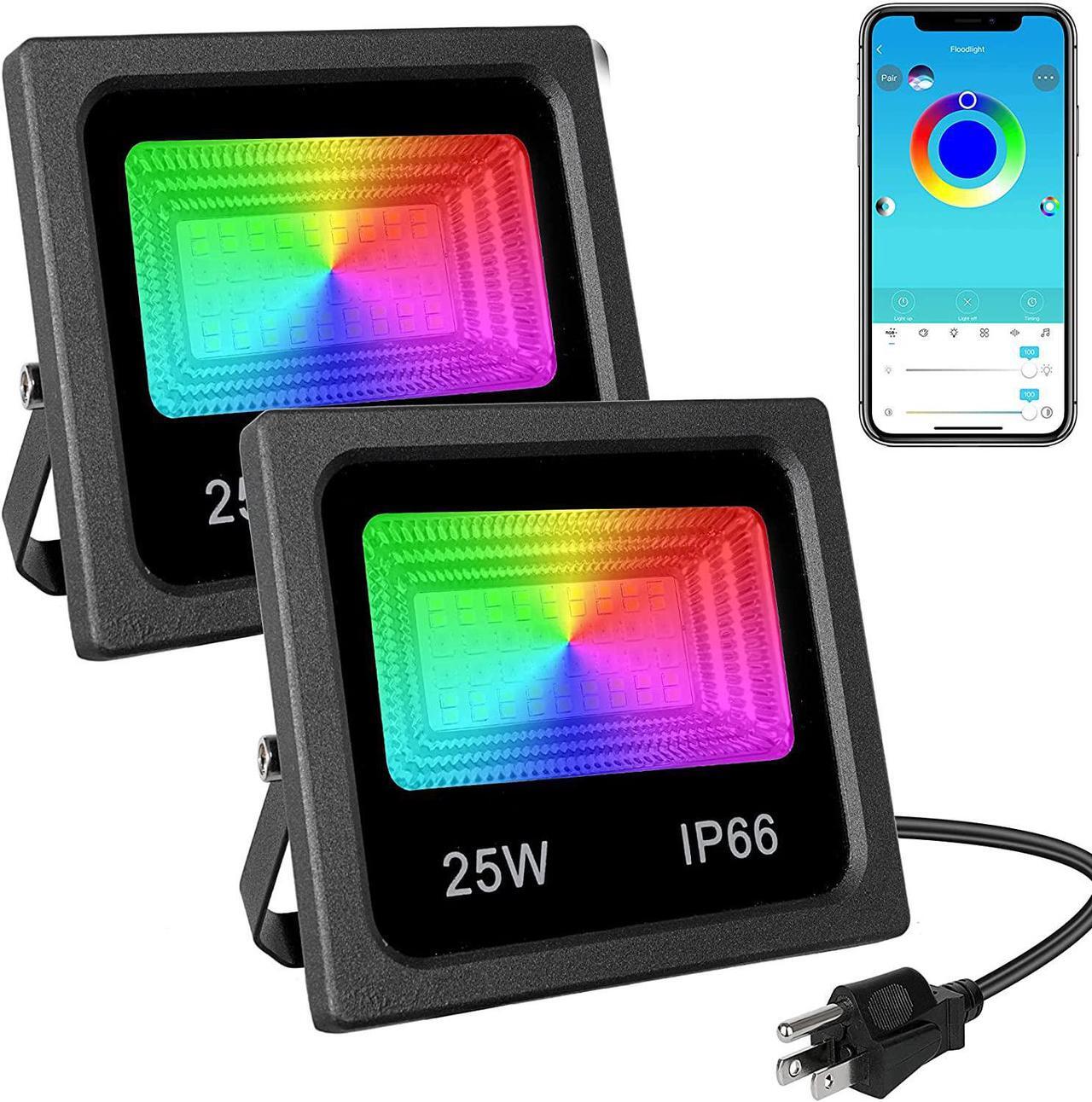Main image of LED Flood Lights RGB Color Changing Outdoor 200W Equivalent,25W Bluetooth Smart Floodlights RGBW APP Control, IP66 Waterproof,16 Million Colors 20 Modes for Landscape Garden Stage Lighting(2 Pack)