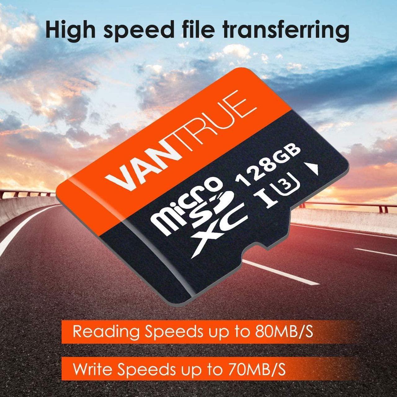 Alt view image 6 of 7 - Vantrue 128GB U3 V30 Class 10 MicroSDXC UHS-I 4K UHD Video Monitoring Memory Card with Adapter for Dash Cams, Body Cams, Action Camera, Other Surveillance & Security Cams