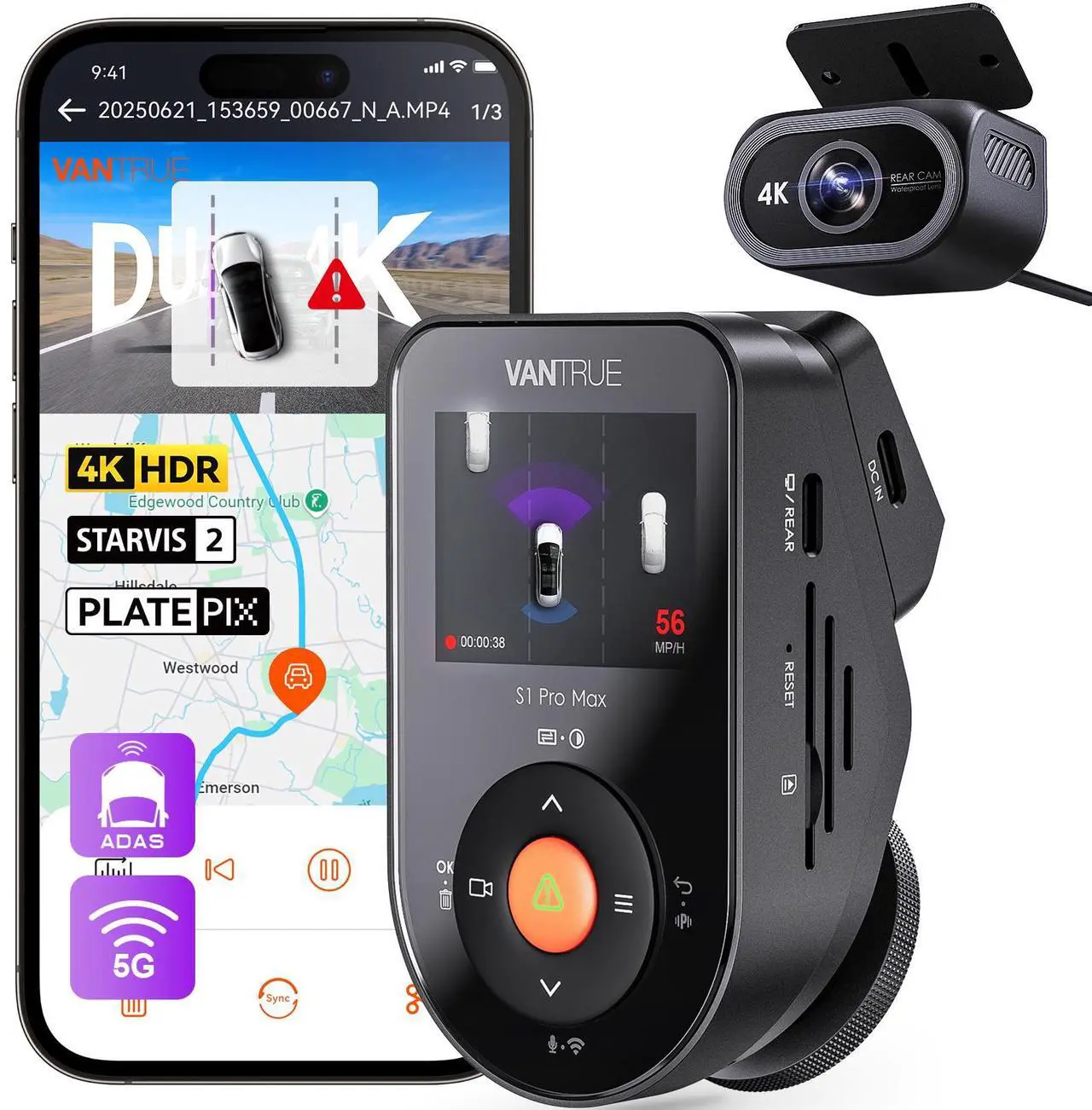 Main image of Vantrue S1 Pro Max 4K AI Dual Dash Cam Front and Rear,STARVIS 2 Night Vision,Optional Remote Live View, GPS, Voice Control, 24/7 Parking Mode, Support 1TB Max