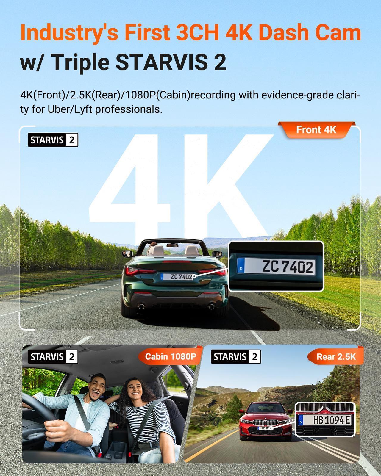 Alt view image 2 of 7 - Vantrue N4 Pro S 4K 3 Channel Dash Cam, STARVIS 2 IMX678 x PlatePix x HDR Night Vision, 4K+1080P+1440P Front Inside and Rear Dash Camera, IP67 Waterproof Rear Camera, 24H Parking Mode, Support 1TB