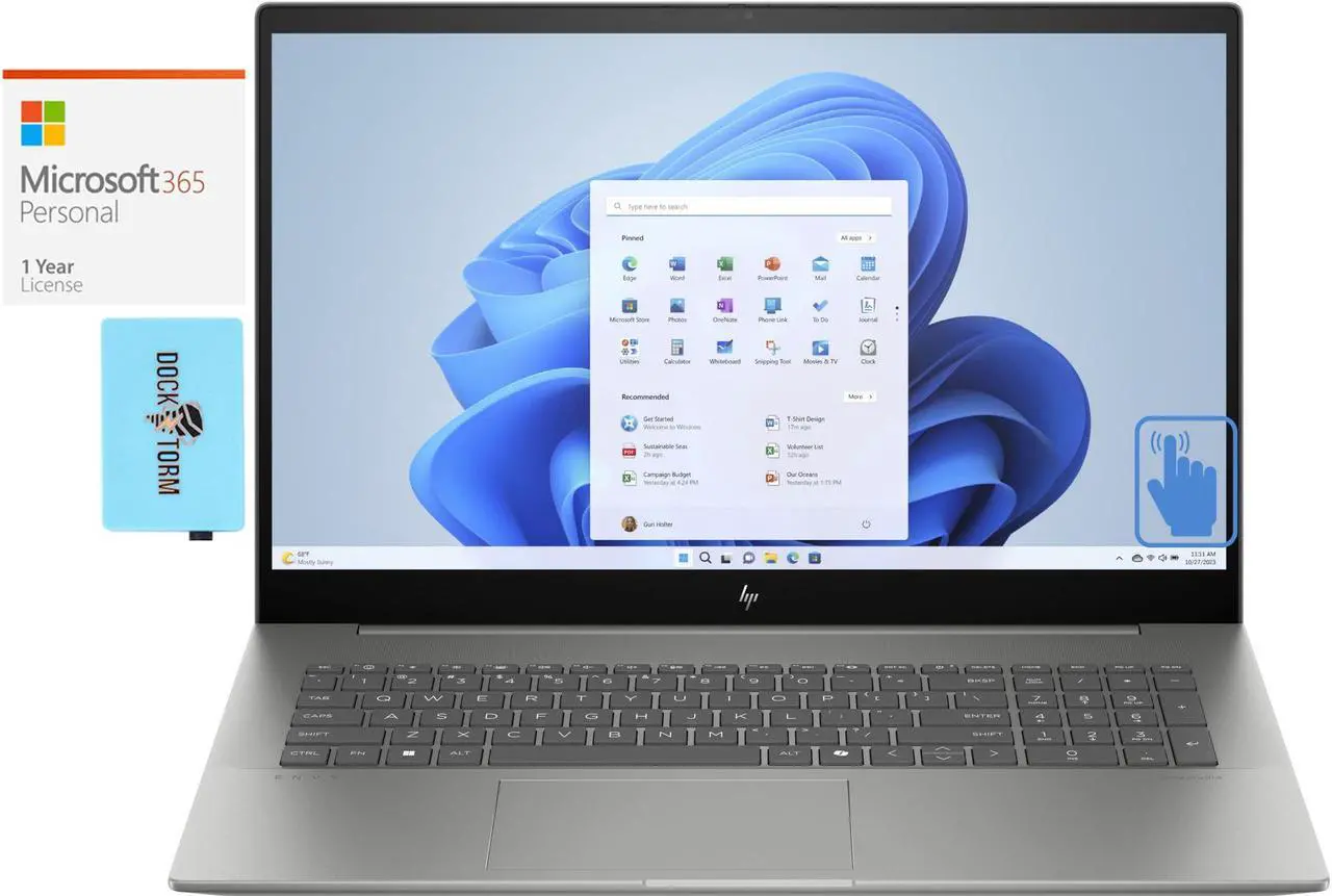 Main image of HP Envy Home & Business Laptop (Intel Core Ultra 7 155U 12-Core, 17.3" 60 Hz Touch Full HD (1920x1080), NVIDIA GeForce RTX 3050, Win 11 Pro) with Microsoft 365 Personal , Dockztorm Hub