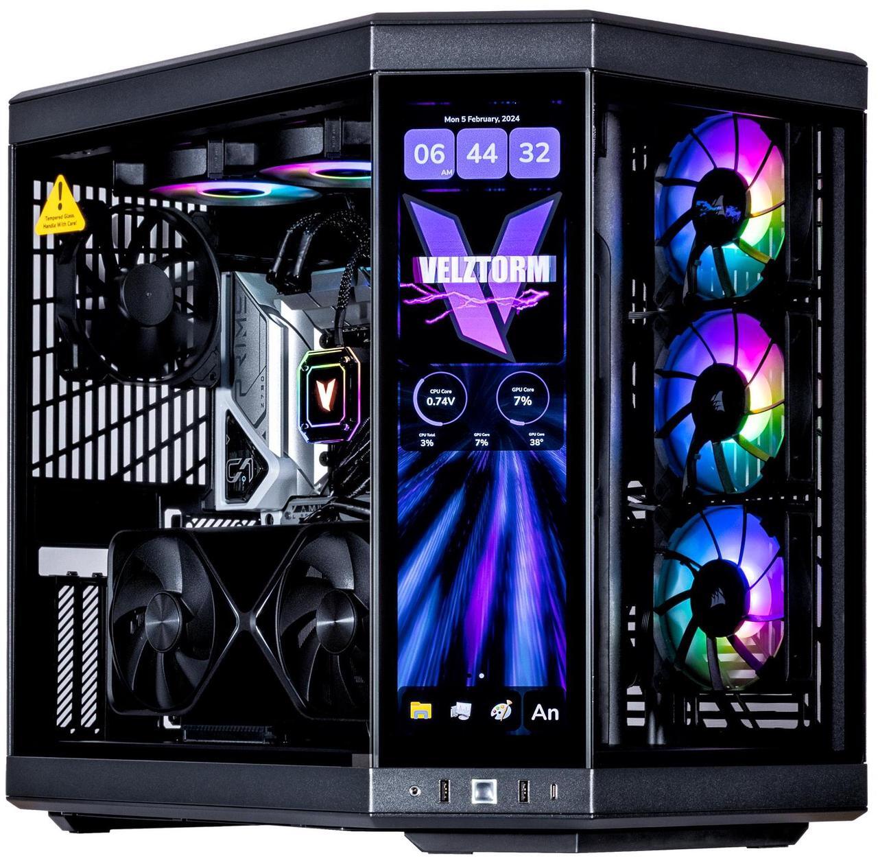 Main image of Velztorm LCD Black Praetix Custom Built Gaming Desktop PC (Intel i9-14900K, GeForce RTX 5090, 64GB DDR5, 2TB PCIe SSD + 6TB HDD, RGB Fans, 360mm AIO, 1000W PSU, WiFi 6E, Bluetooth 5.2, Win 11 Pro)