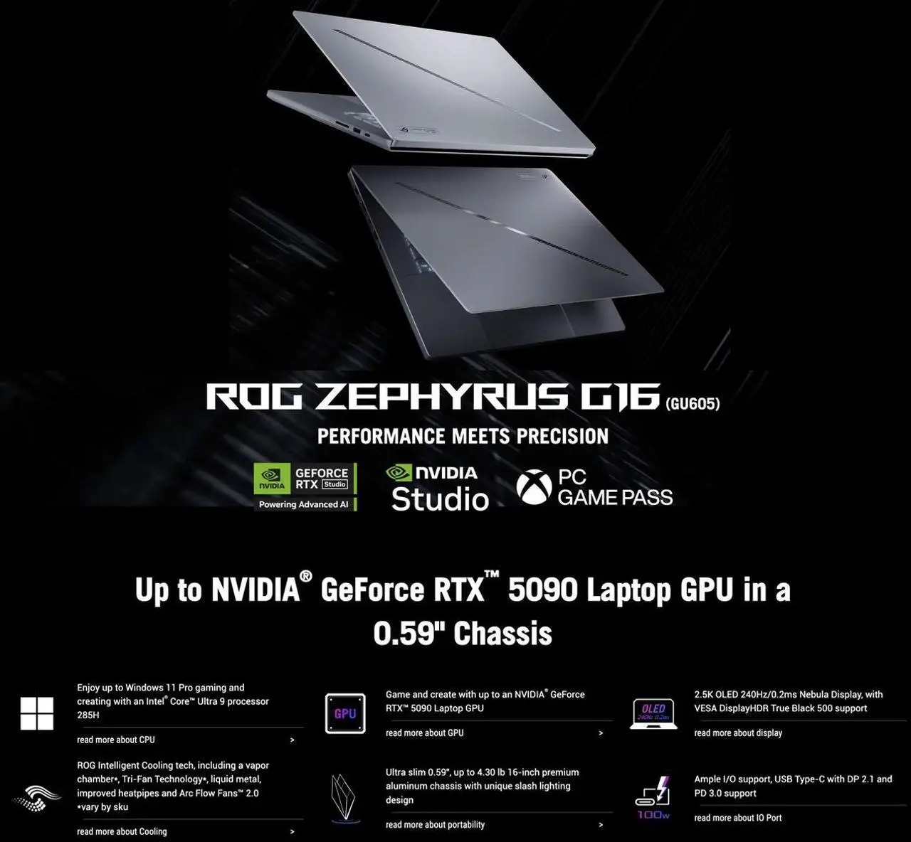 Alt view image 2 of 7 - ASUS ROG Zephyrus G16 AI Gaming Laptop 16.0" 240Hz OLED WQXGA Display (Intel Ultra 9-285H, GeForce RTX 5090 24GB, 64GB LPDDR5X, 2TB SSD, RGB KB, Thunderbolt 4, WiFi 7, Webcam, Win 11 Pro)