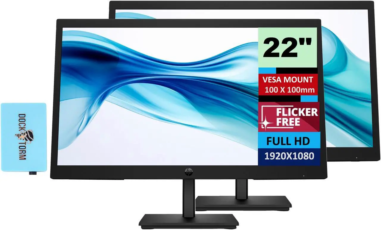Main image of HP Series 3 Pro 21.45 inch FHD Monitor Bundle With Docztorm Dock, 21.45" FHD IPS (1920x1080) 100Hz Display, VESA Mount (100x100mm), Ideal for Home & Business (2 Pack)