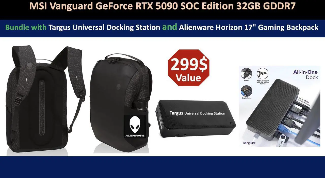 Alt view image 2 of 7 - MSI Gaming RTX 5090 32G Vanguard SOC Graphics Card (32GB GDDR7, 512-bit, Extreme Performance: 2527 MHz, DisplayPort x3 2.1a, HDMI 2.1b. Bundle with Targus Dock Station and Backpack Alienware