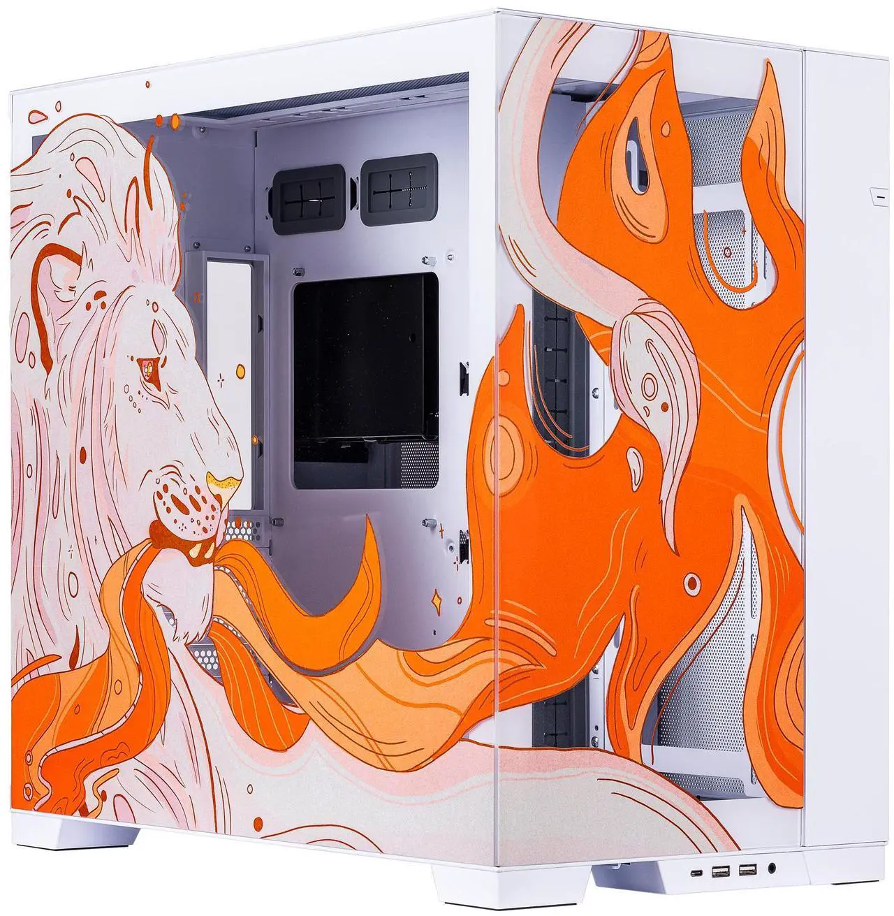 Main image of Velztorm Regal Lion Custom Case Art Aluminum Tempered Glass O11 Dynamic EVO Mid-Tower Gaming Computer Case, Supports ATX, Micro-ATX, Mini-ITX & E-ATX Motherboard Sizes, O11DEW White
