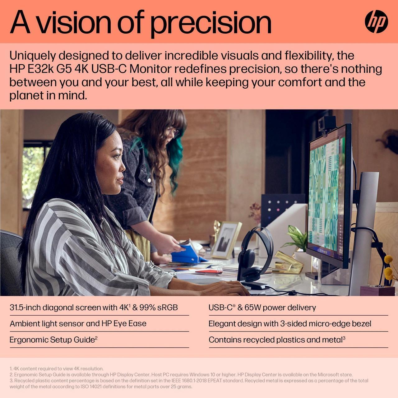 Alt view image 6 of 7 - HP E32k G5 4K USB-C Monitor with 5ms Response Time, Anti Glare, Flicker Free, VESA Mount (100mm), Displayport, HDMI & Dockztorm USB Port Expander, Black/Silver (6N4D6AA#ABA - 2025 Latest Model)