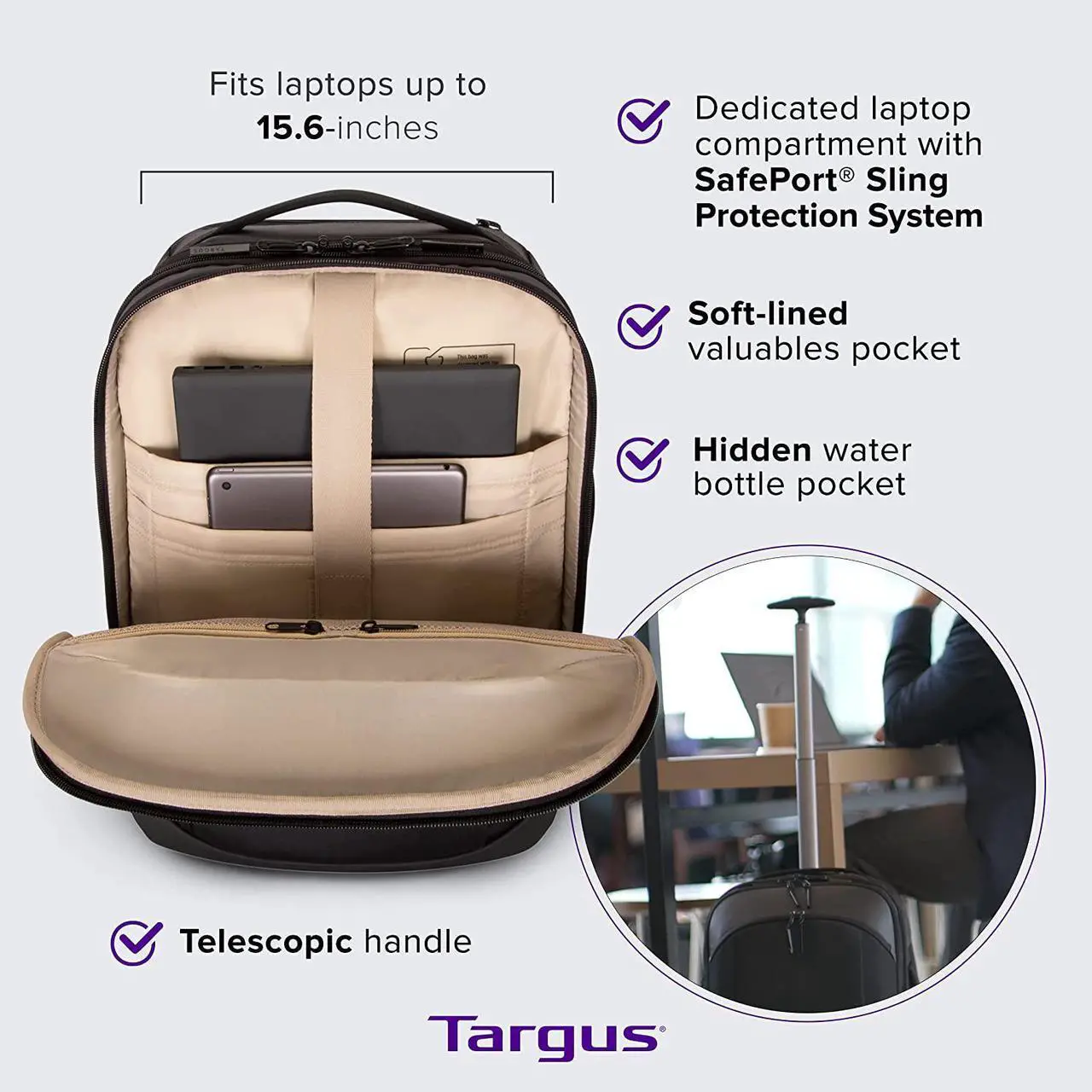 Alt view image 3 of 4 - Targus TBR040GL Carrying Case (Rolling Backpack) for 15.6" Notebook - TBR040GL