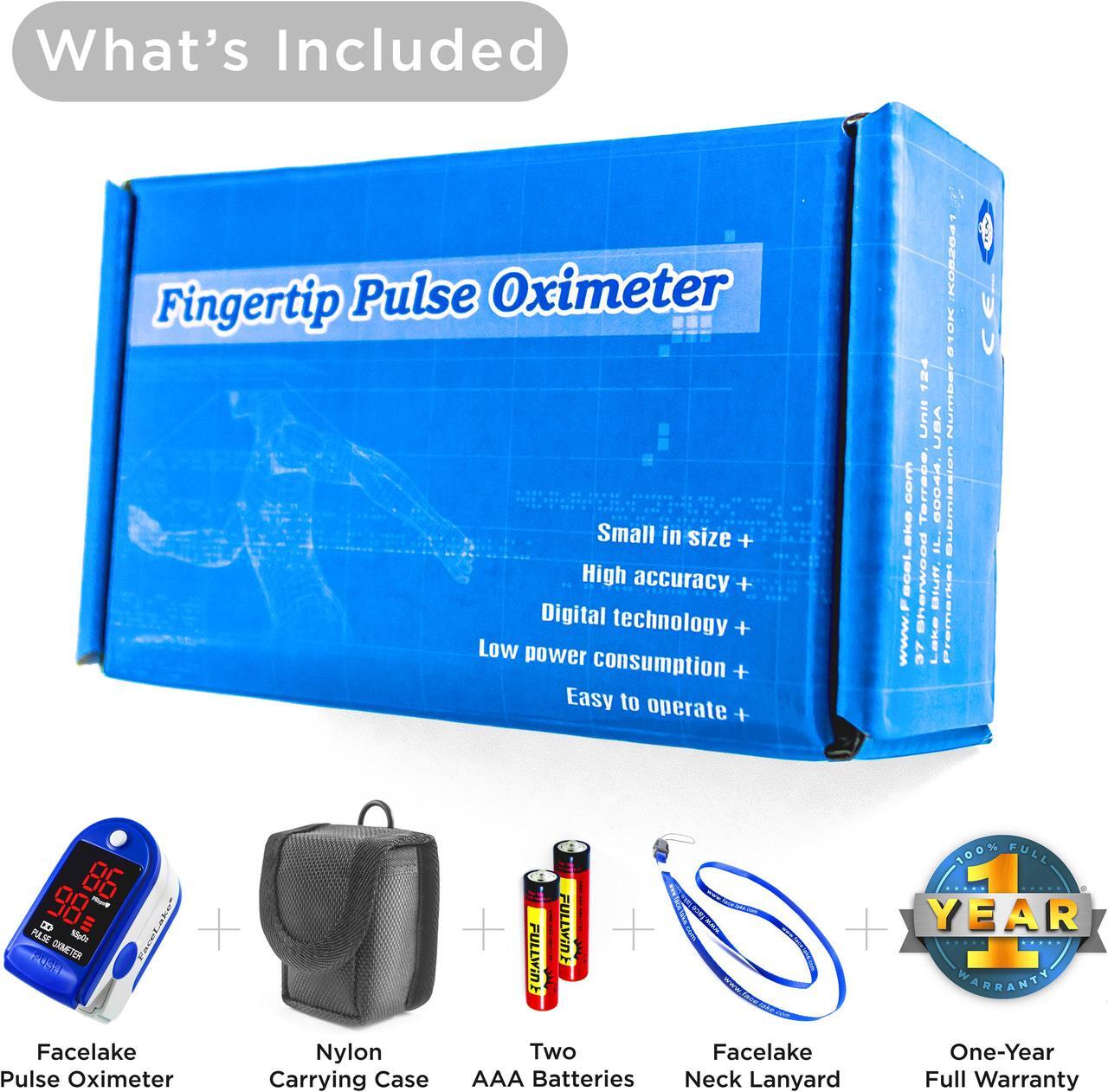 Alt view image 7 of 7 - Facelake FL400 Pulse Oximeter with Neck/wrist Cord, Carrying Case and Batteries, blue