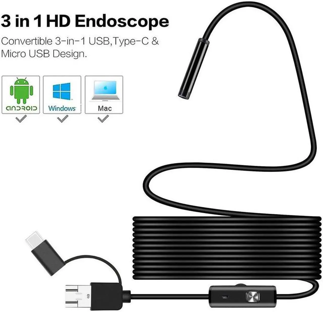 Alt view image 3 of 5 - 8mm Snake Scope Endoscope Waterproof Inspection HD Camera Boroscope For Andorid Windows Mac OS - 2M