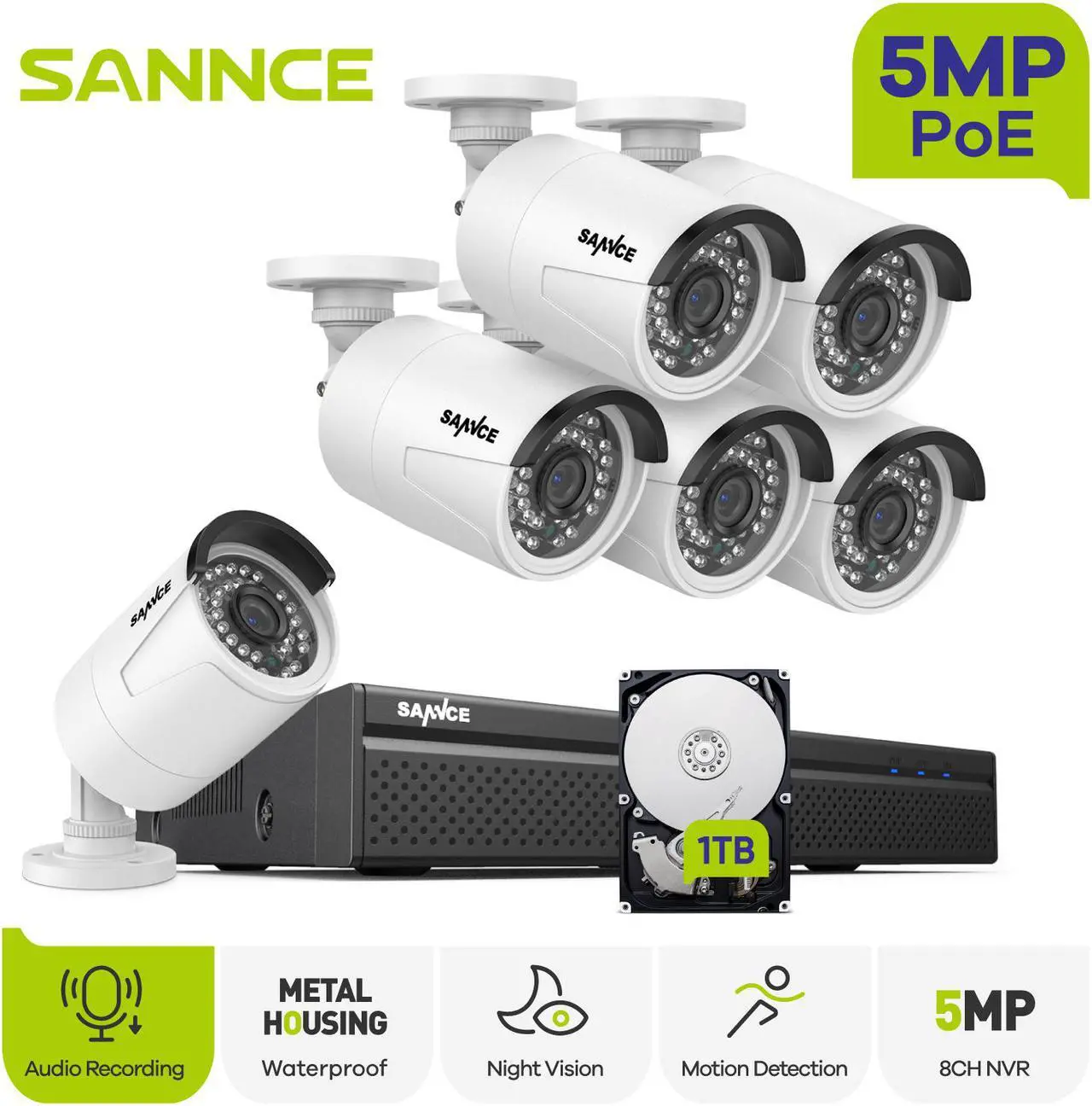 SANNCE 5MP Security Camera System, 5MP 8CH PoE NVR, (8) x 5MP Super HD Weatherproof Metal POE IP Cameras Work with Alexa, 2TB Hard Drive