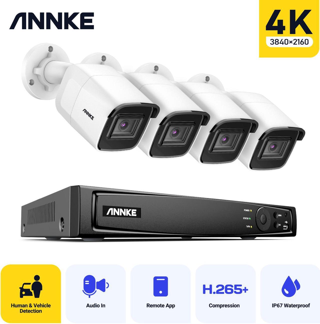 Main image of ANNKE Built-in Microphone Poe IP Security Camera System, 8CH 4K H.265+ NVR with 4 x 8MP IP Outdoor Indoor Camera, Day/Night Weather Proof, Video Audio Power All Thru One Ethernet Cable