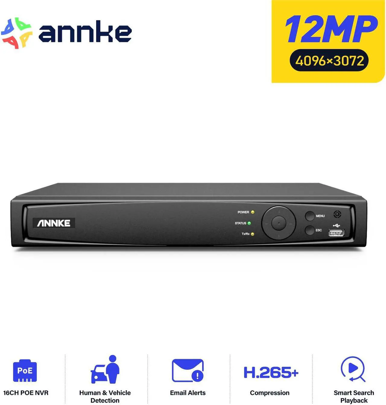 Main image of ANNKE 12MP 16CH NVR (1080p/3MP/4MP/5MP/8MP/12MP) POE Network Video Recorder for Home Security Camera System - Supports up to 16 x 12MP IP Cameras, No Hard Drive