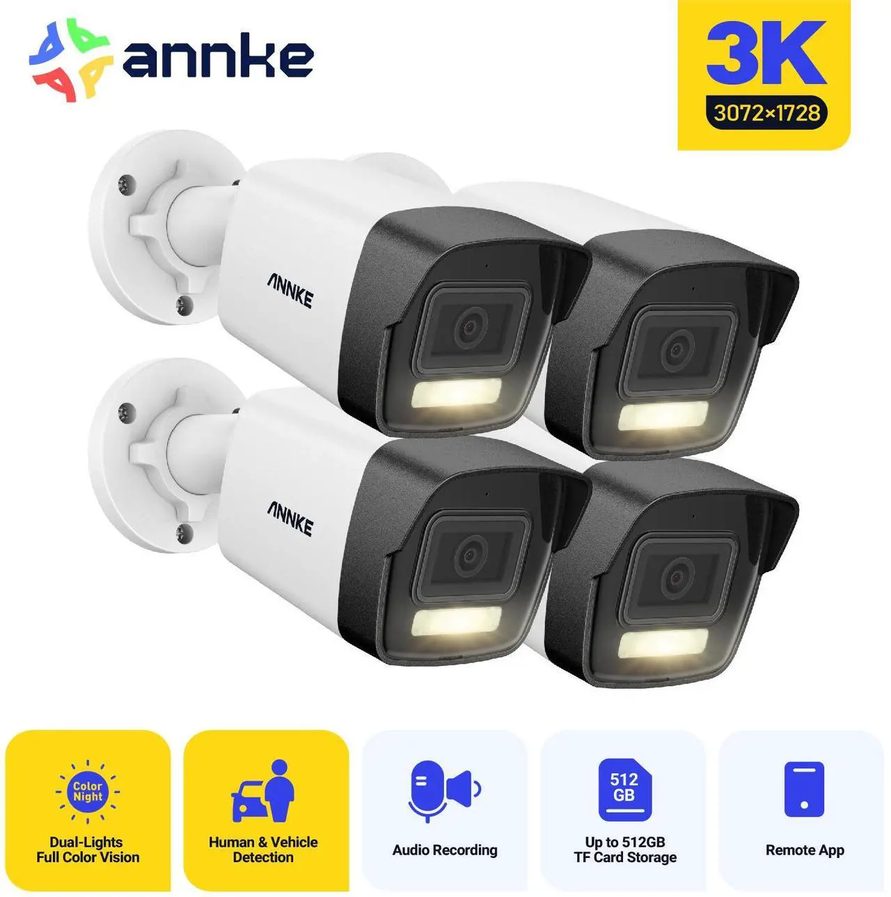 Main image of ANNKE 4PCS New AC500 IP PoE Camera - 3K Ultra HD, Color Night Vision with Spotlight, IP67 Outdoor Bullet Surveillance Camera with Person Vehicle Detection, for Home Business Security