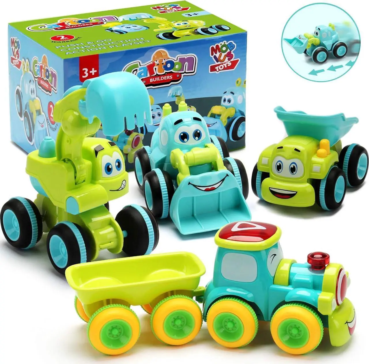 Main image of Toys for a 2 Year Old Boy - 4 Friction Powered Trucks for 3+ Year Old Boys, Push & Go Cars Cartoon Construction Vehicle Set - Best Toddler Boys Toys & Toy Trucks, Play Pull Back Car, Idea