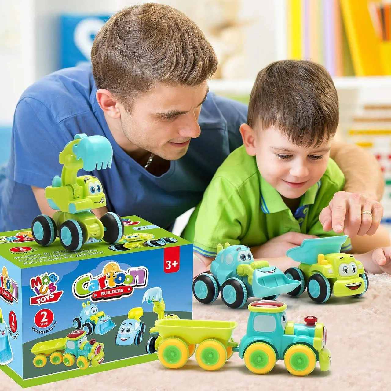 Alt view image 5 of 7 - Toys for a 2 Year Old Boy - 4 Friction Powered Trucks for 3+ Year Old Boys, Push & Go Cars Cartoon Construction Vehicle Set - Best Toddler Boys Toys & Toy Trucks, Play Pull Back Car, Idea