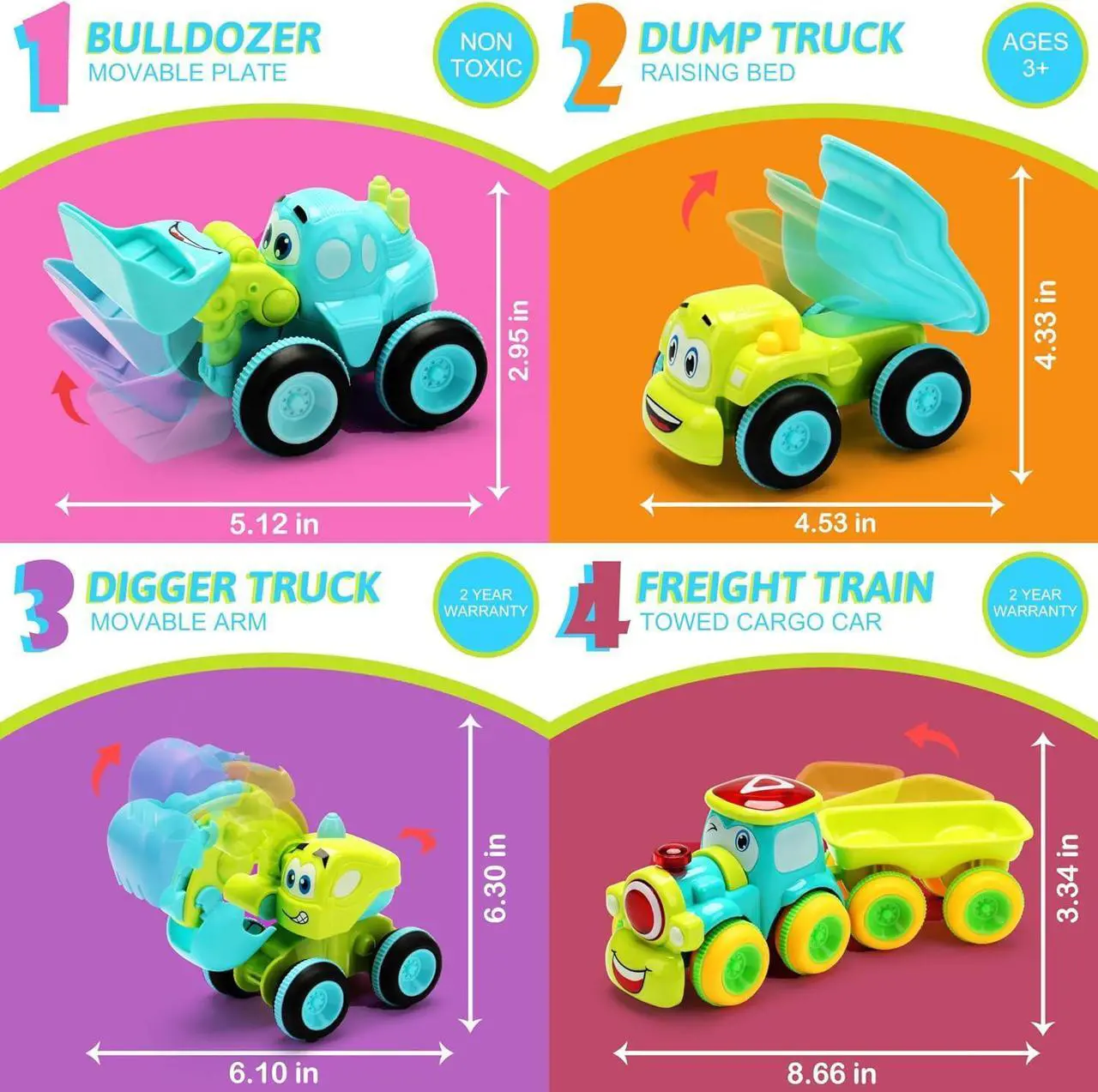 Alt view image 7 of 7 - Toys for a 2 Year Old Boy - 4 Friction Powered Trucks for 3+ Year Old Boys, Push & Go Cars Cartoon Construction Vehicle Set - Best Toddler Boys Toys & Toy Trucks, Play Pull Back Car, Idea