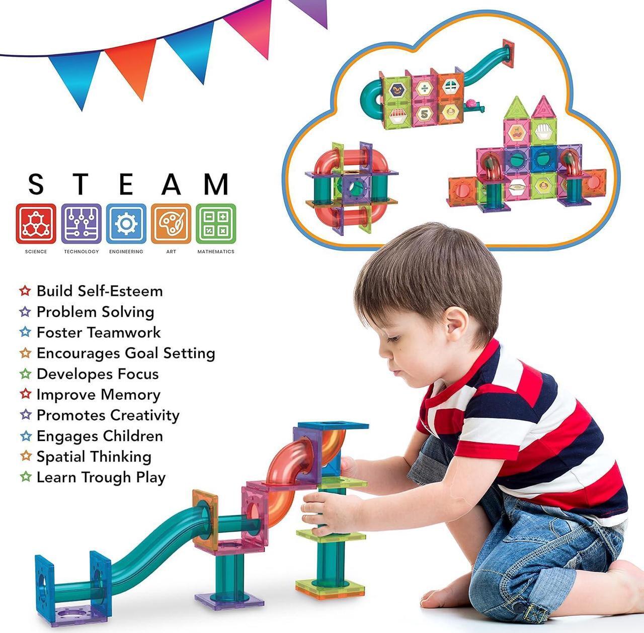 Alt view image 2 of 7 - MOBIUS Toys Marble Run for Kids Ages 3-8 Years Old - 3D Magnetic Building Tiles for Boys and Girls - Magnetic Marble Run Educational Toy Steam Learning Marble Maze - Race Track Toy Construction Kit