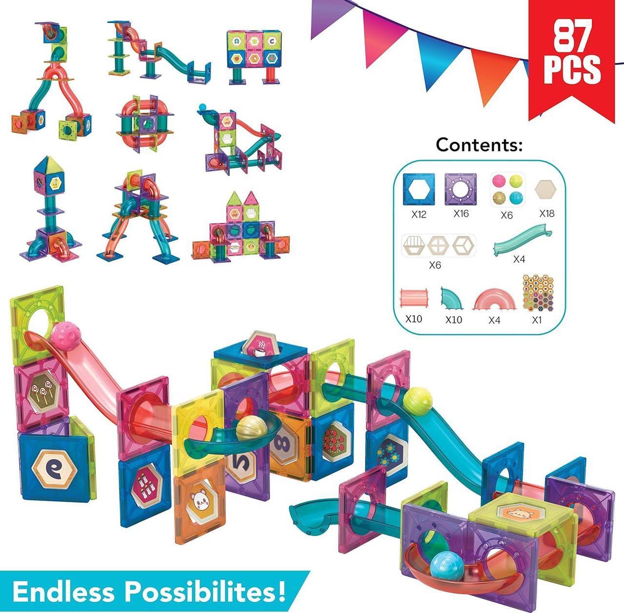 Alt view image 6 of 7 - MOBIUS Toys Marble Run for Kids Ages 3-8 Years Old - 3D Magnetic Building Tiles for Boys and Girls - Magnetic Marble Run Educational Toy Steam Learning Marble Maze - Race Track Toy Construction Kit