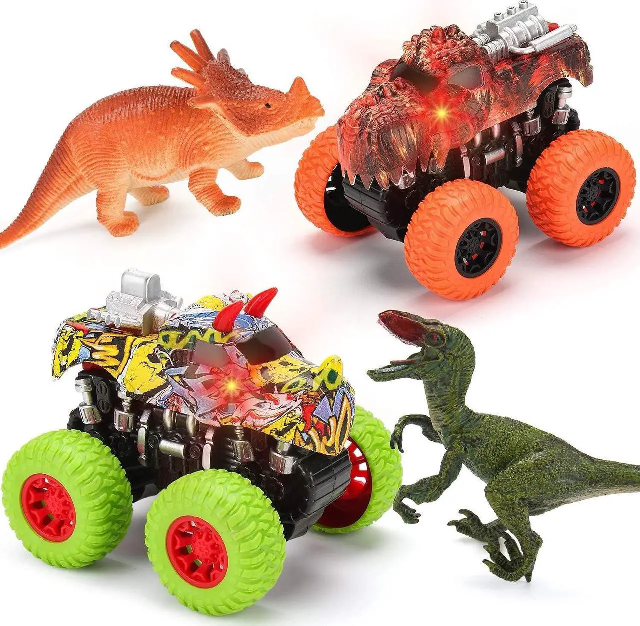 Main image of Monster Truck Toy Set - 2 Dinosaur Trucks + 2 Realistic Toy Dinosaurs - Red Lights & Roaring Sounds - Mobius Friction Powered Push & Go Playset Up to 100-Ft for Boys and Girls 3 4 5 6 7 8 Years Old