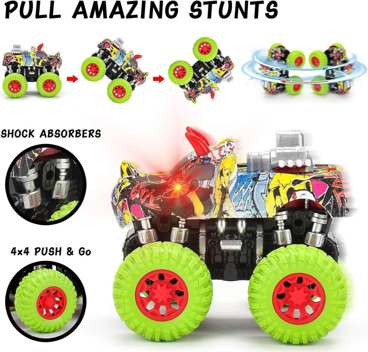 Alt view image 2 of 7 - Monster Truck Toy Set - 2 Dinosaur Trucks + 2 Realistic Toy Dinosaurs - Red Lights & Roaring Sounds - Mobius Friction Powered Push & Go Playset Up to 100-Ft for Boys and Girls 3 4 5 6 7 8 Years Old