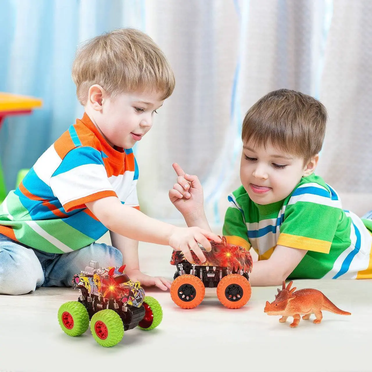 Alt view image 3 of 7 - Monster Truck Toy Set - 2 Dinosaur Trucks + 2 Realistic Toy Dinosaurs - Red Lights & Roaring Sounds - Mobius Friction Powered Push & Go Playset Up to 100-Ft for Boys and Girls 3 4 5 6 7 8 Years Old