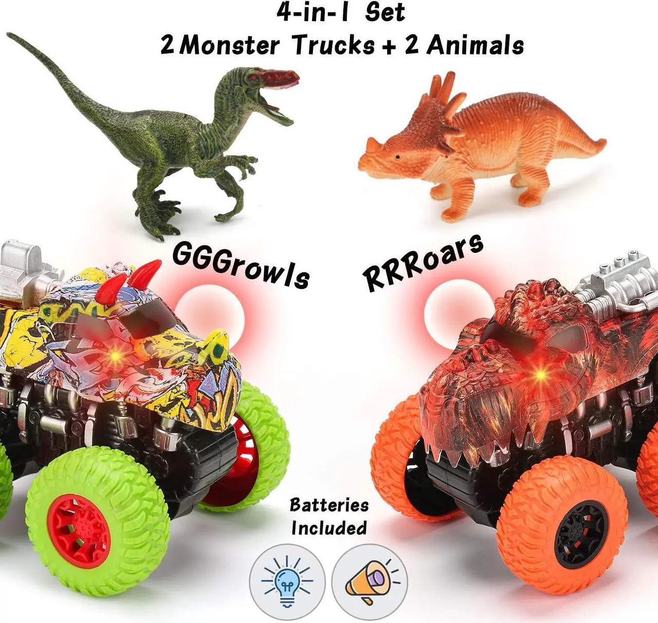 Alt view image 4 of 7 - Monster Truck Toy Set - 2 Dinosaur Trucks + 2 Realistic Toy Dinosaurs - Red Lights & Roaring Sounds - Mobius Friction Powered Push & Go Playset Up to 100-Ft for Boys and Girls 3 4 5 6 7 8 Years Old