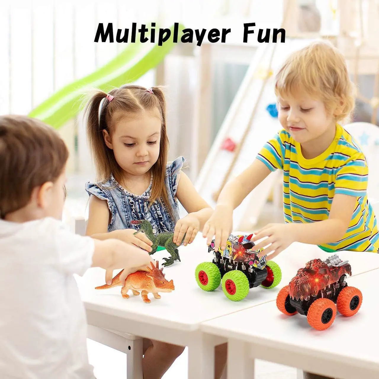 Alt view image 5 of 7 - Monster Truck Toy Set - 2 Dinosaur Trucks + 2 Realistic Toy Dinosaurs - Red Lights & Roaring Sounds - Mobius Friction Powered Push & Go Playset Up to 100-Ft for Boys and Girls 3 4 5 6 7 8 Years Old