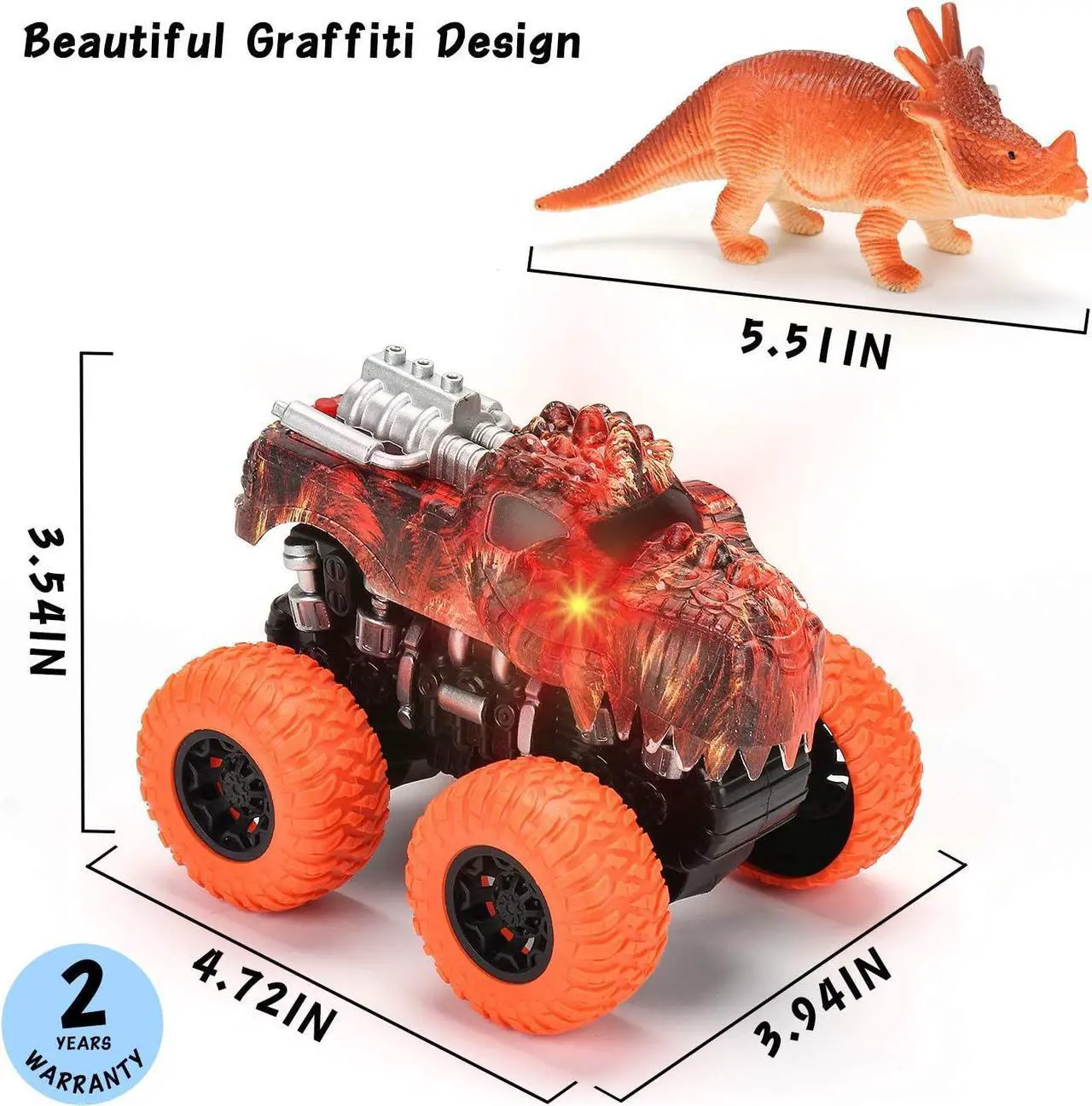 Alt view image 6 of 7 - Monster Truck Toy Set - 2 Dinosaur Trucks + 2 Realistic Toy Dinosaurs - Red Lights & Roaring Sounds - Mobius Friction Powered Push & Go Playset Up to 100-Ft for Boys and Girls 3 4 5 6 7 8 Years Old