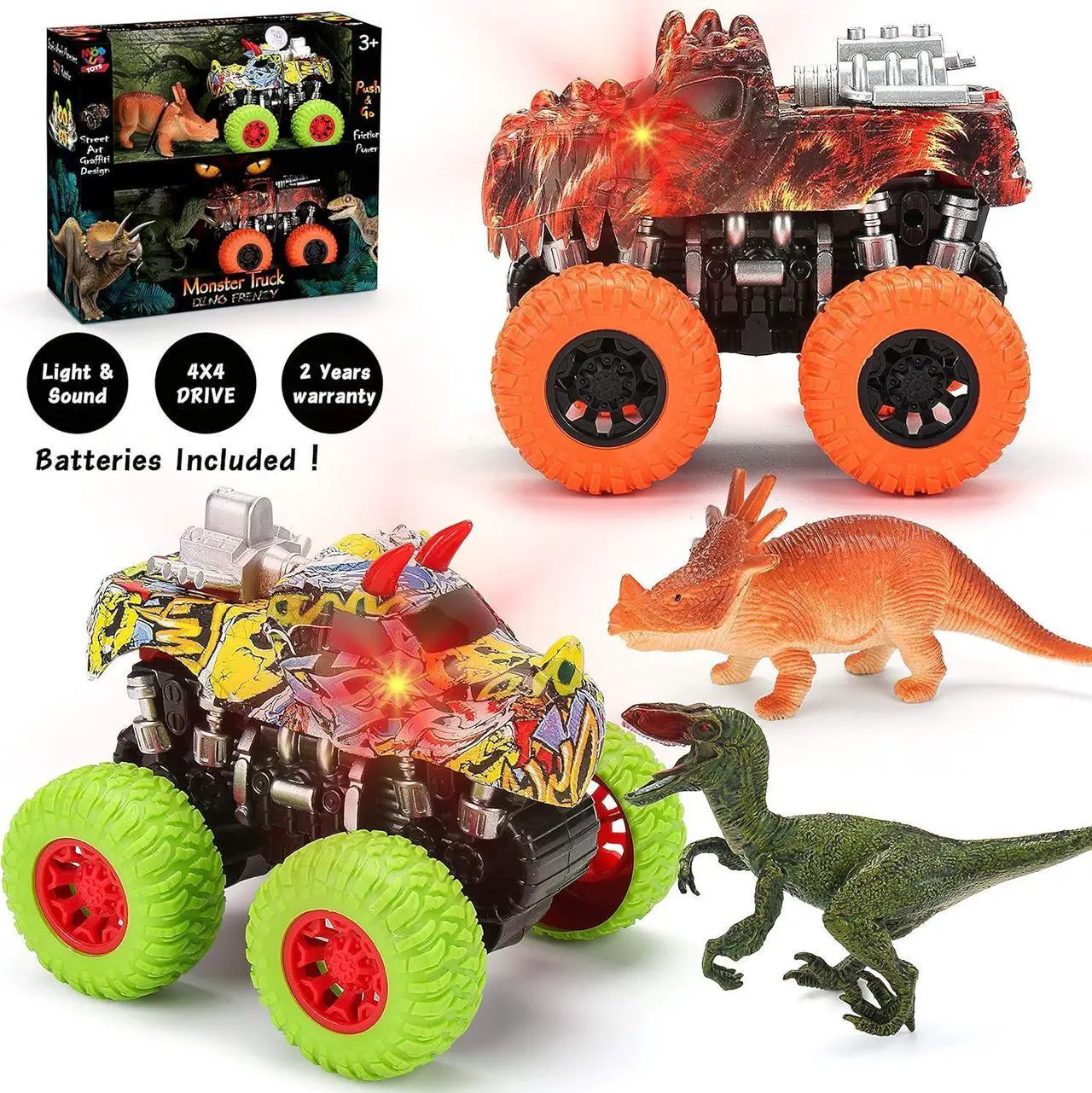 Alt view image 7 of 7 - Monster Truck Toy Set - 2 Dinosaur Trucks + 2 Realistic Toy Dinosaurs - Red Lights & Roaring Sounds - Mobius Friction Powered Push & Go Playset Up to 100-Ft for Boys and Girls 3 4 5 6 7 8 Years Old