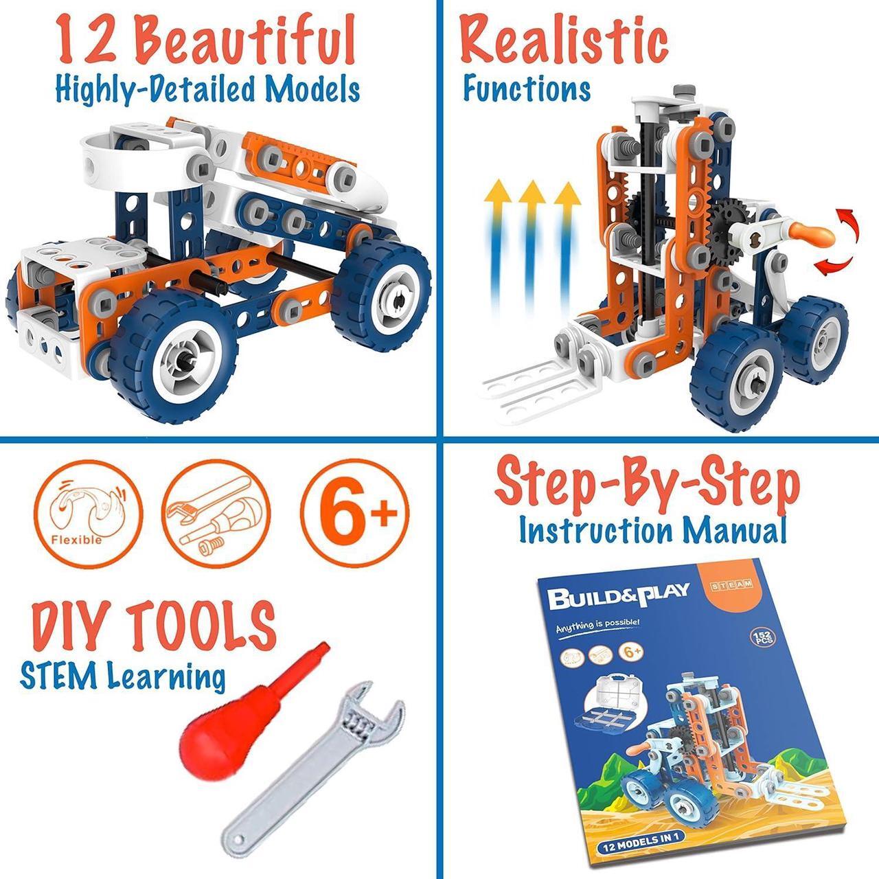 Alt view image 2 of 7 - 12-in-1 Stem Kit Toy for Kids - 152 Piece Construction Building Set and Education Learning Engineering Play Kit Idea for Boys and Girls, Building Toys for Kids Ages 4-8 5 6 7 8 9 10 11 12 Years Old