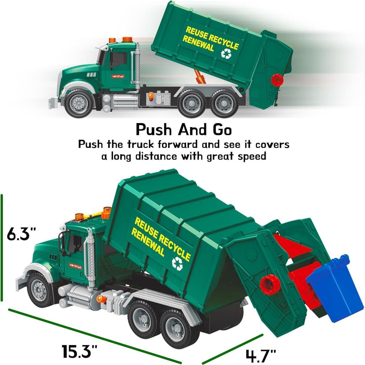 Alt view image 2 of 7 - Garbage Truck Toy - Recycling Truck for Boys with 3 Garbage Cans + 48 Flash Cards - Push & Go, Lights & Sounds - Multi-Functional Trash Truck w/ Moving Parts for Boys Ages 3 4 5 6 7 8 Years Old