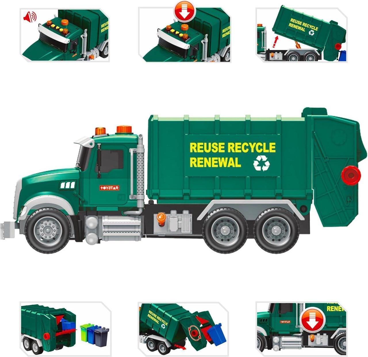 Alt view image 3 of 7 - Garbage Truck Toy - Recycling Truck for Boys with 3 Garbage Cans + 48 Flash Cards - Push & Go, Lights & Sounds - Multi-Functional Trash Truck w/ Moving Parts for Boys Ages 3 4 5 6 7 8 Years Old