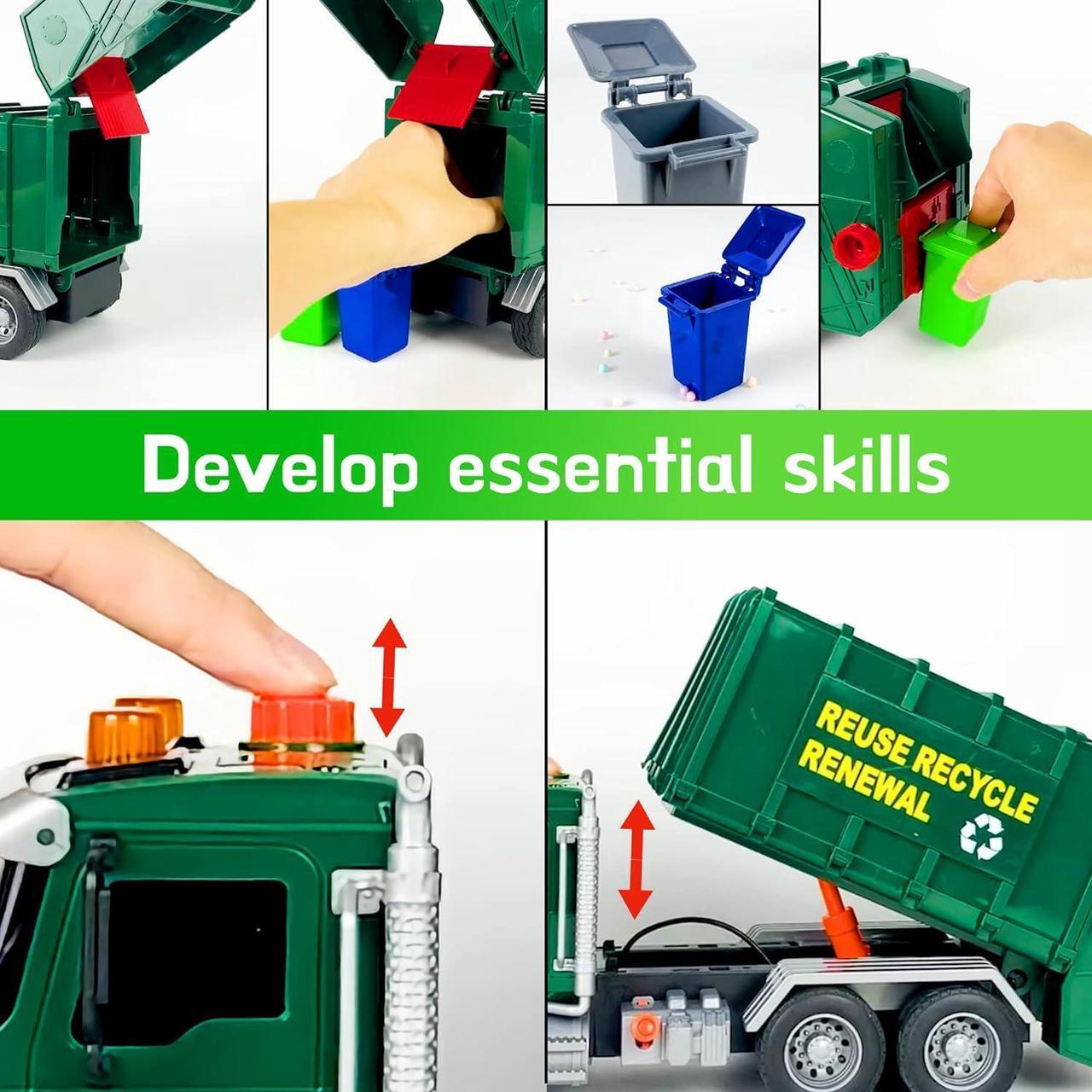 Alt view image 4 of 7 - Garbage Truck Toy - Recycling Truck for Boys with 3 Garbage Cans + 48 Flash Cards - Push & Go, Lights & Sounds - Multi-Functional Trash Truck w/ Moving Parts for Boys Ages 3 4 5 6 7 8 Years Old