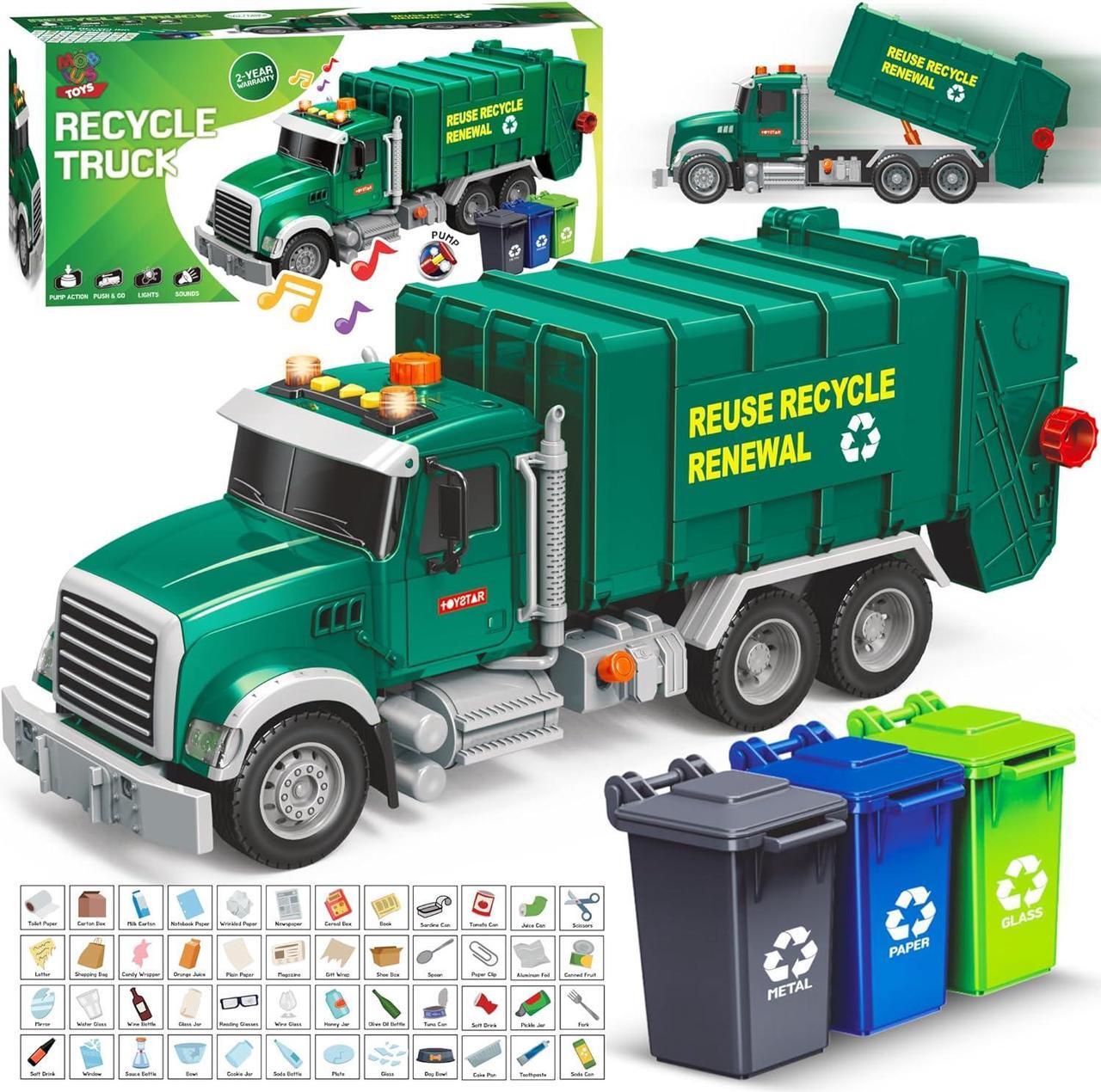 Main image of Garbage Truck Toy - Recycling Truck for Boys with 3 Garbage Cans + 48 Flash Cards - Push & Go, Lights & Sounds - Multi-Functional Trash Truck w/ Moving Parts for Boys Ages 3 4 5 6 7 8 Years Old