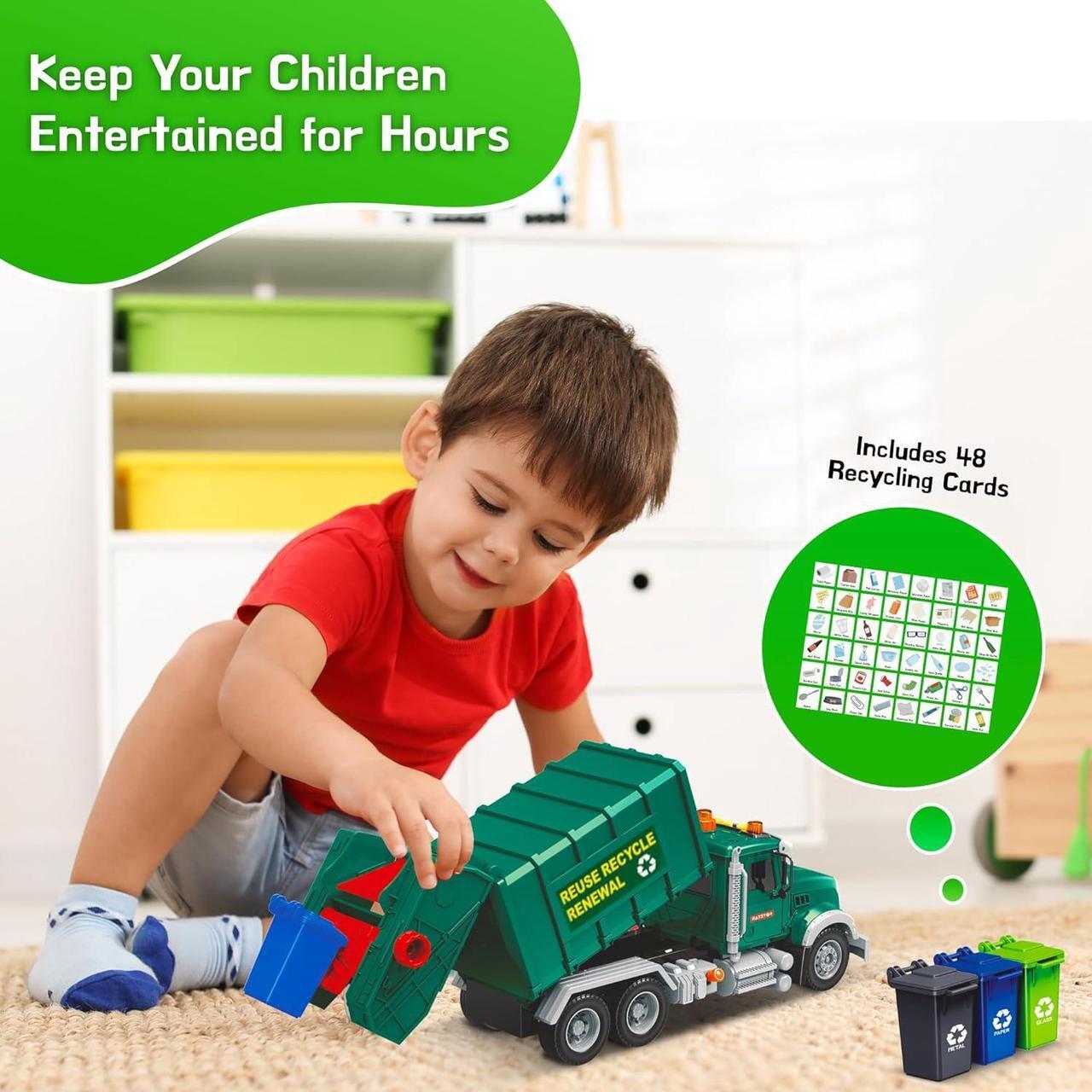 Alt view image 5 of 7 - Garbage Truck Toy - Recycling Truck for Boys with 3 Garbage Cans + 48 Flash Cards - Push & Go, Lights & Sounds - Multi-Functional Trash Truck w/ Moving Parts for Boys Ages 3 4 5 6 7 8 Years Old