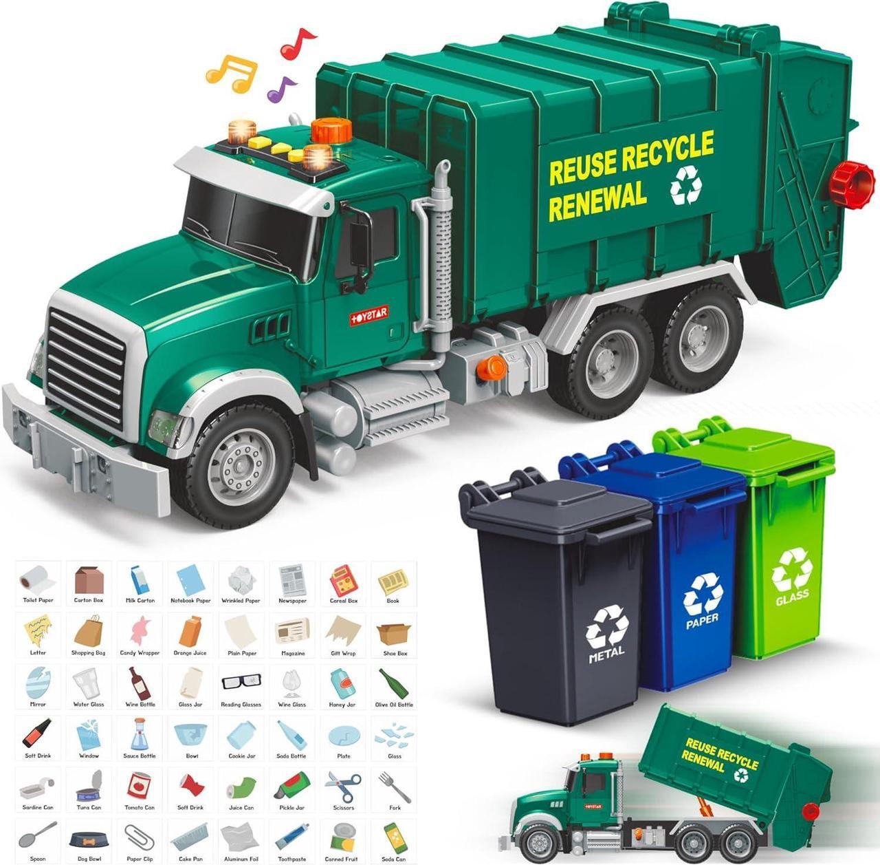 Alt view image 6 of 7 - Garbage Truck Toy - Recycling Truck for Boys with 3 Garbage Cans + 48 Flash Cards - Push & Go, Lights & Sounds - Multi-Functional Trash Truck w/ Moving Parts for Boys Ages 3 4 5 6 7 8 Years Old