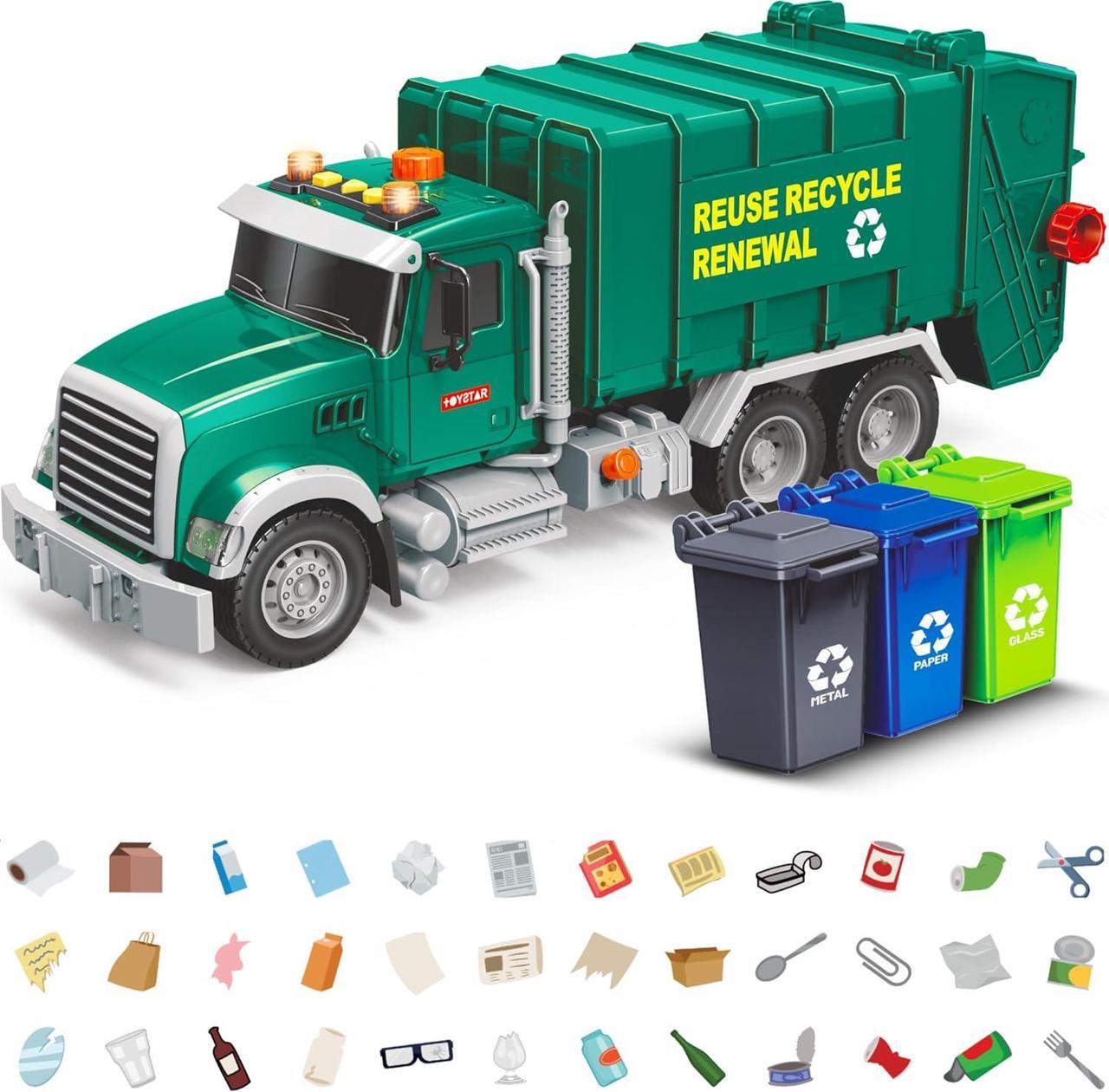 Alt view image 7 of 7 - Garbage Truck Toy - Recycling Truck for Boys with 3 Garbage Cans + 48 Flash Cards - Push & Go, Lights & Sounds - Multi-Functional Trash Truck w/ Moving Parts for Boys Ages 3 4 5 6 7 8 Years Old