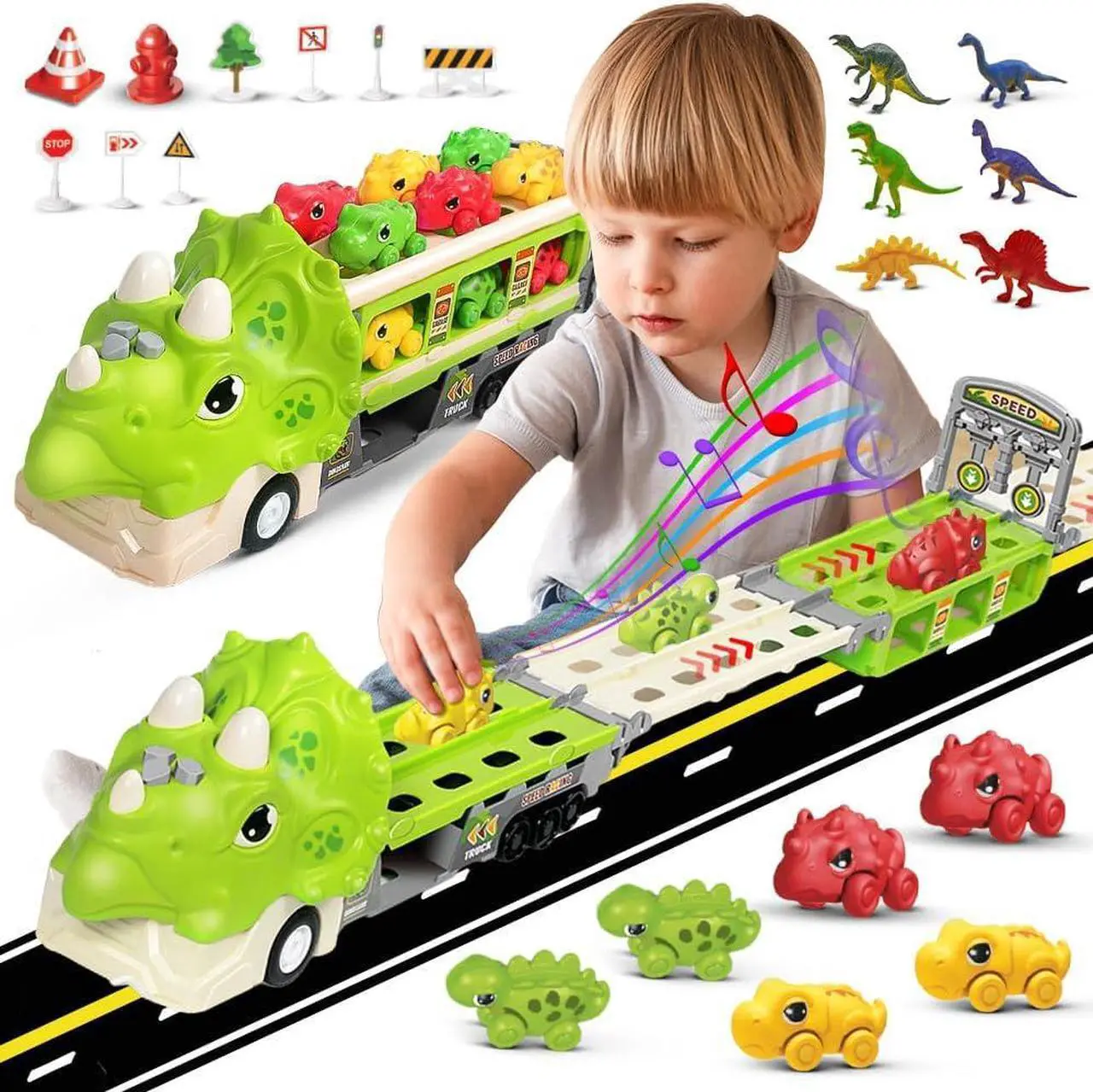 Main image of Dinosaur Truck Toys for Kids 3-5 Years - Dino Transport Carrier with Folding Race Track and 6 Race Car Dinosaurs Toys for Boys with Flashing Lights and Sounds - Toddler Toys Birthday Gifts for Kids